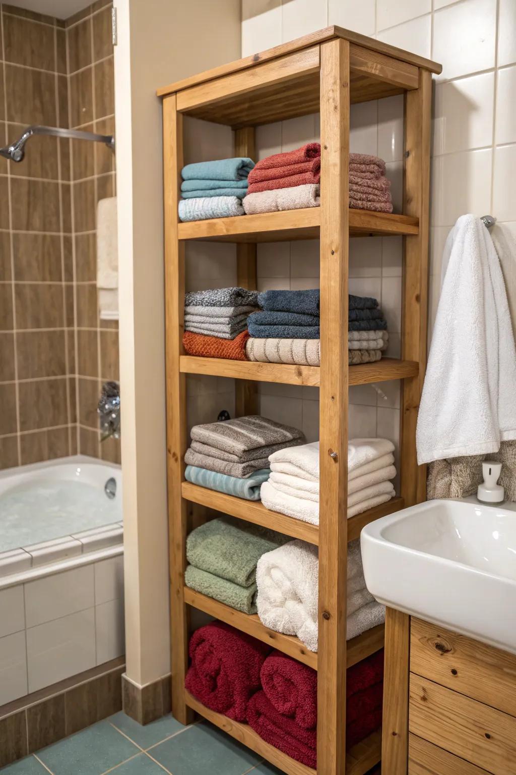 With open shelving, towels become a decorative feature of your bathroom.
