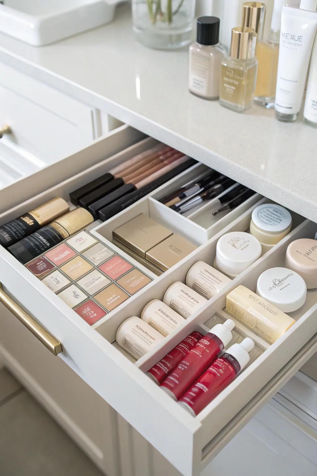 Cosmetics precisely arranged inside an organized drawer.