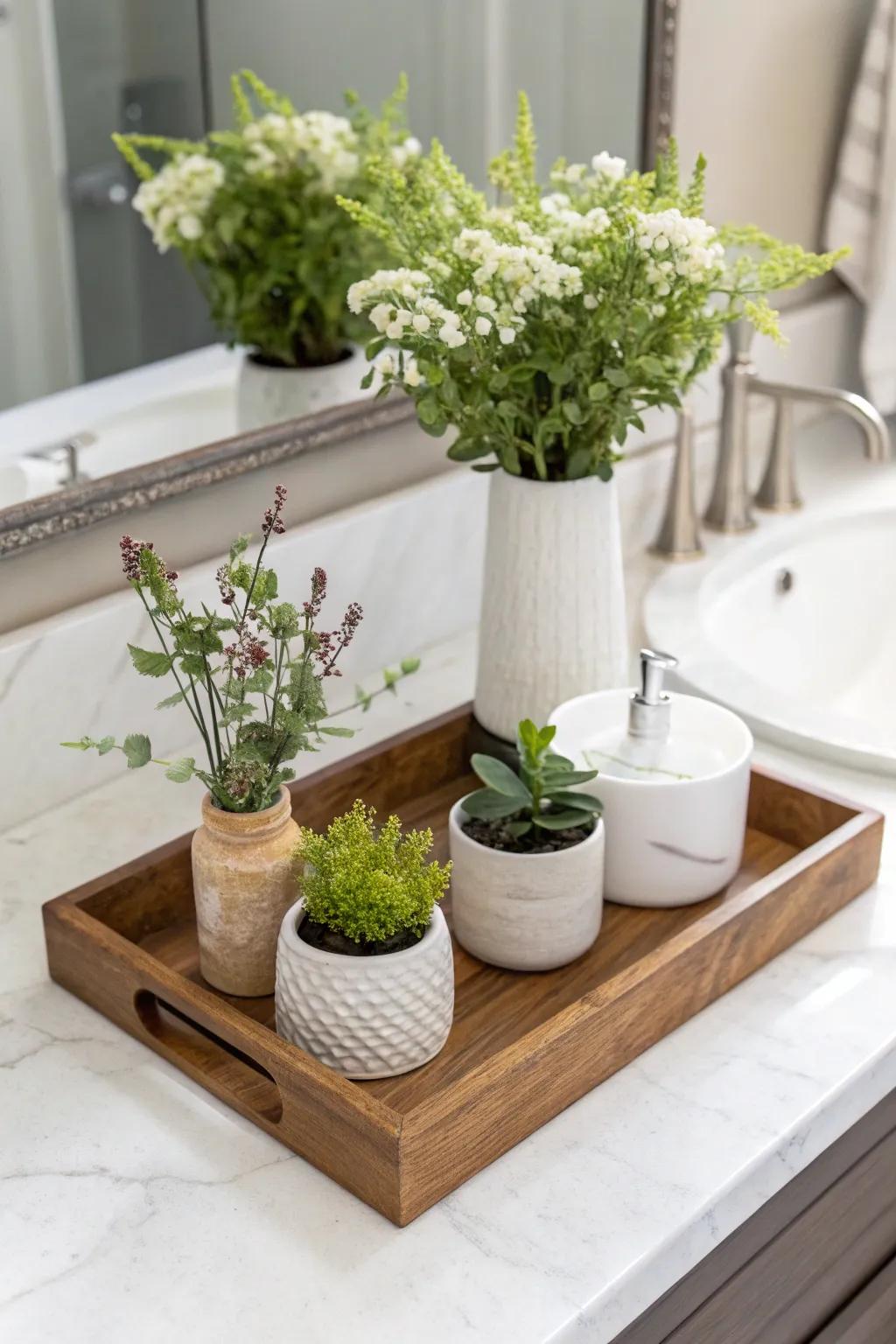 Natural elements imbue freshness into a bathroom staging station.