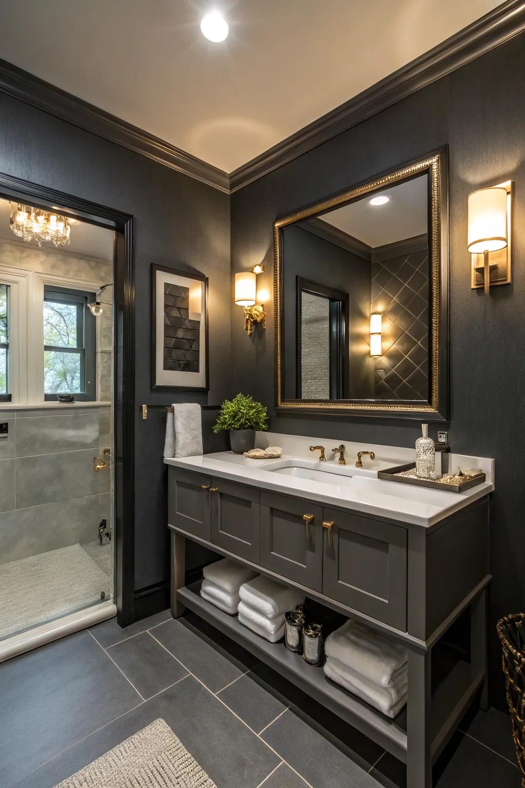 Deep, dramatic walls offer a striking and cozy washroom vibe.