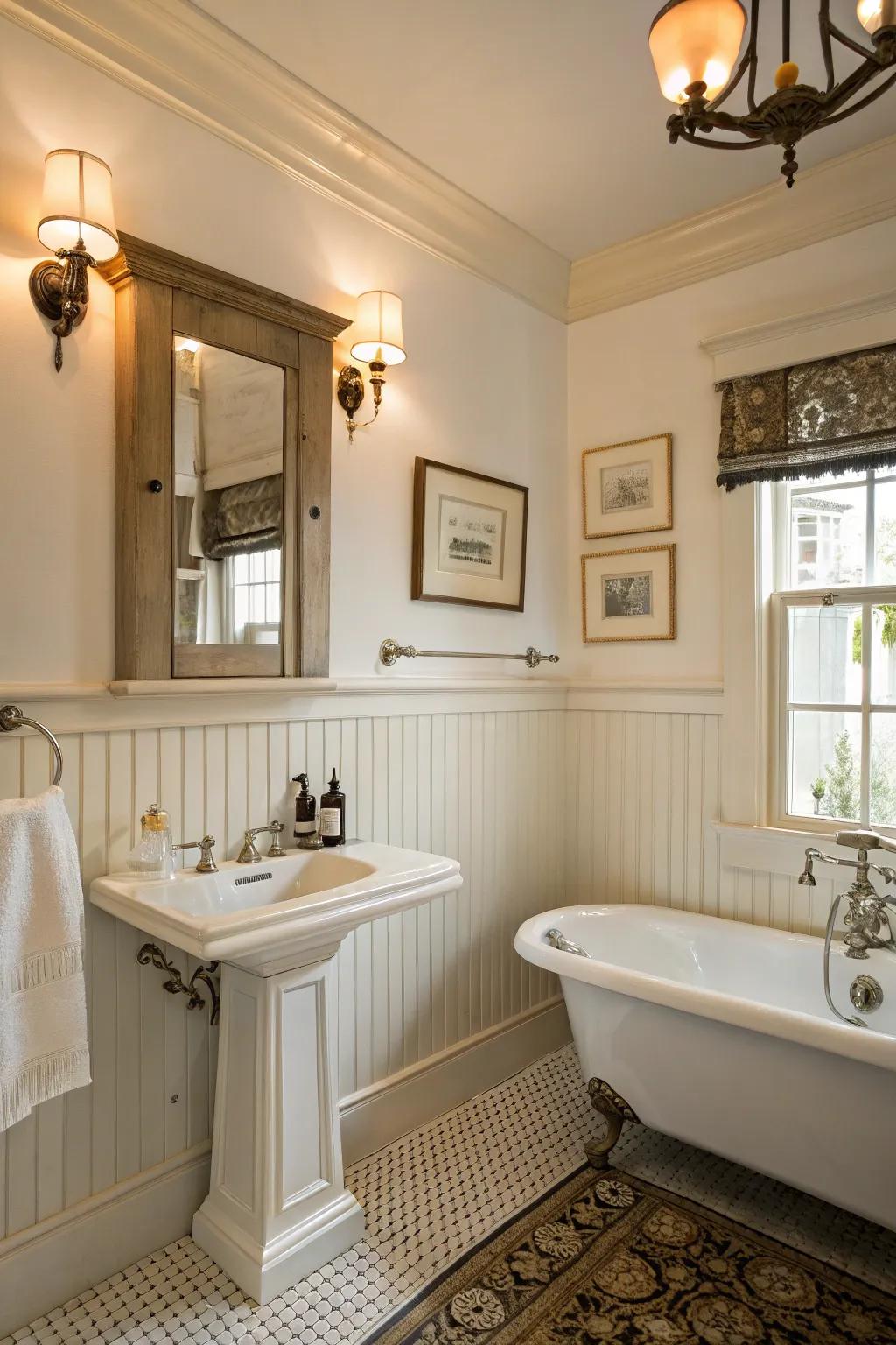 Ageless charm with traditional wainscoting in the bathroom.