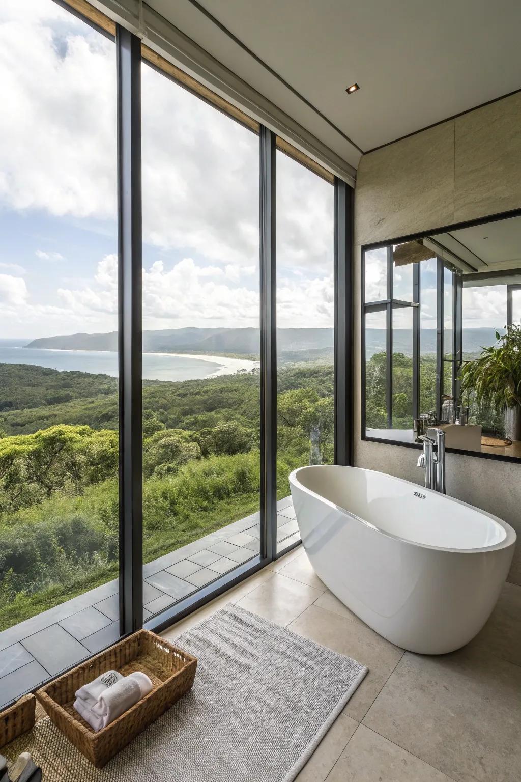 Expansive windows displaying spectacular sights in a contemporary restroom.