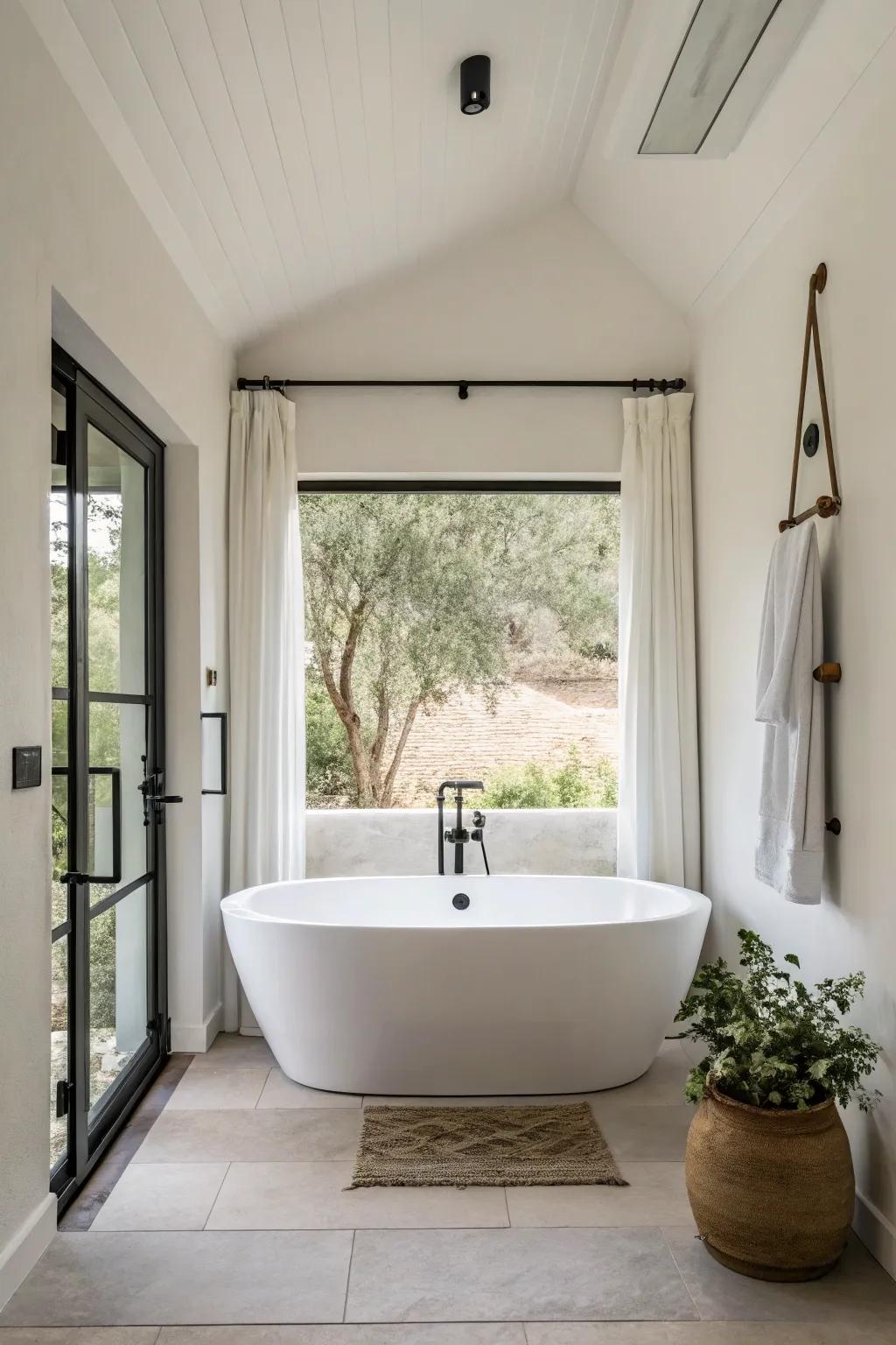 A minimalist bathroom showcasing a chic standalone bathtub.
