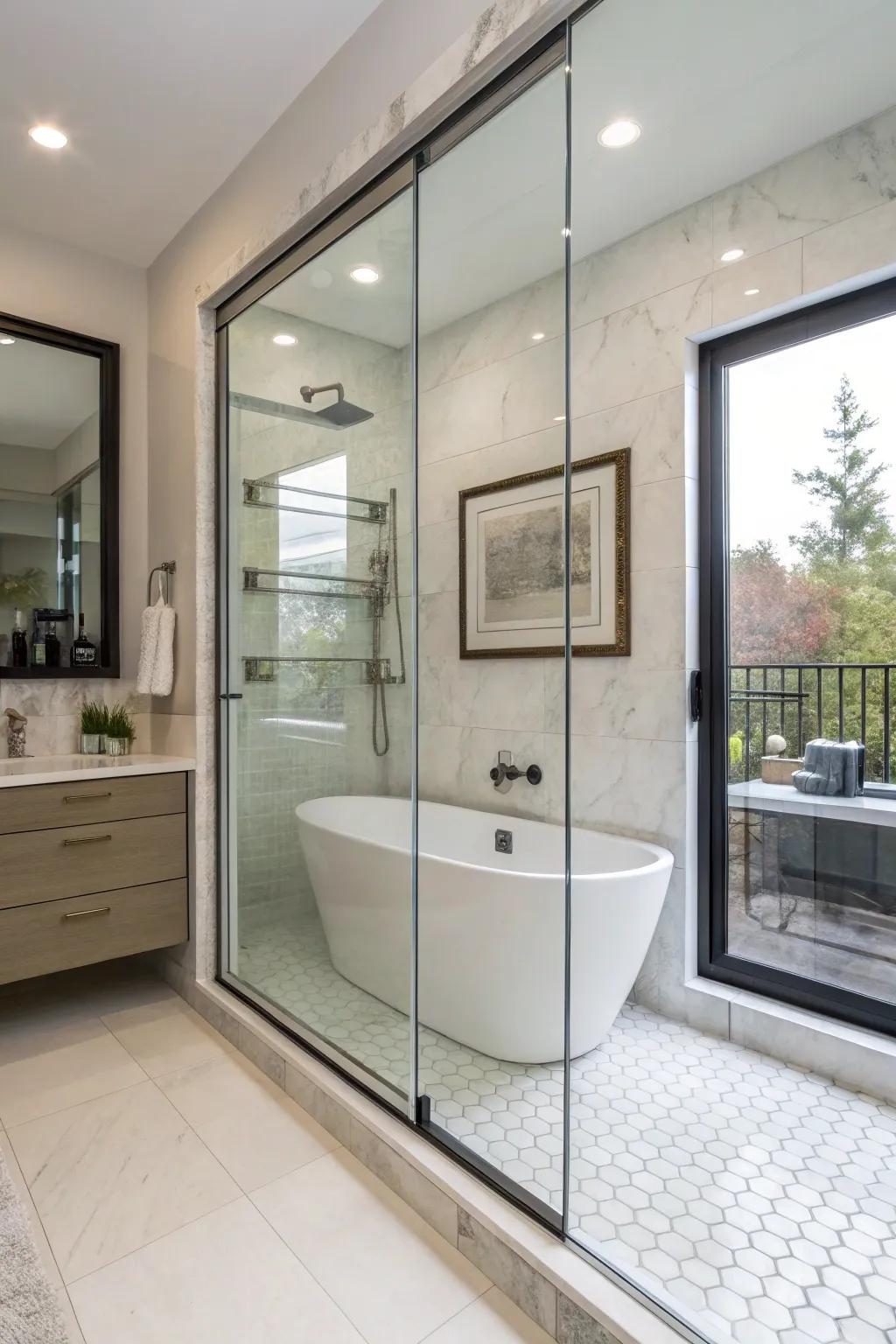 Frameless glass doors enhance the sleekness and openness of bathrooms.