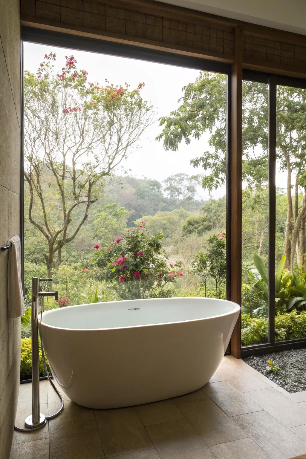 An unattached bath provides a tranquil vista of the garden.