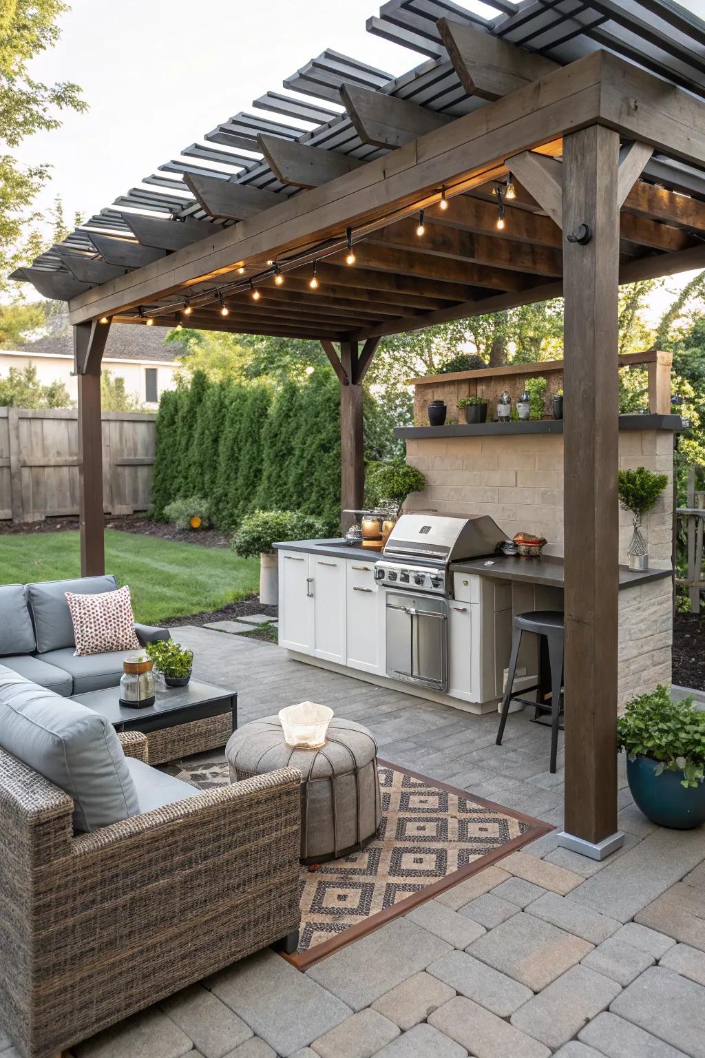 A pergola offers elegant shade for your BBQ patio.