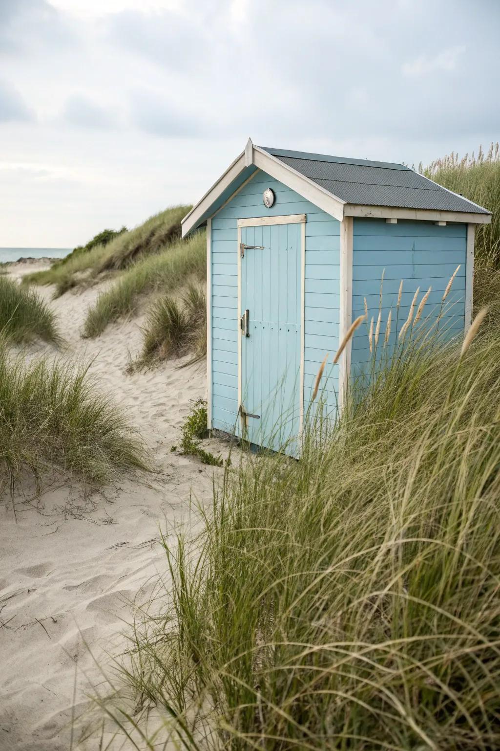A beach shed is bathed in a calming nautical palette, presenting a crisp, coastal aesthetic.