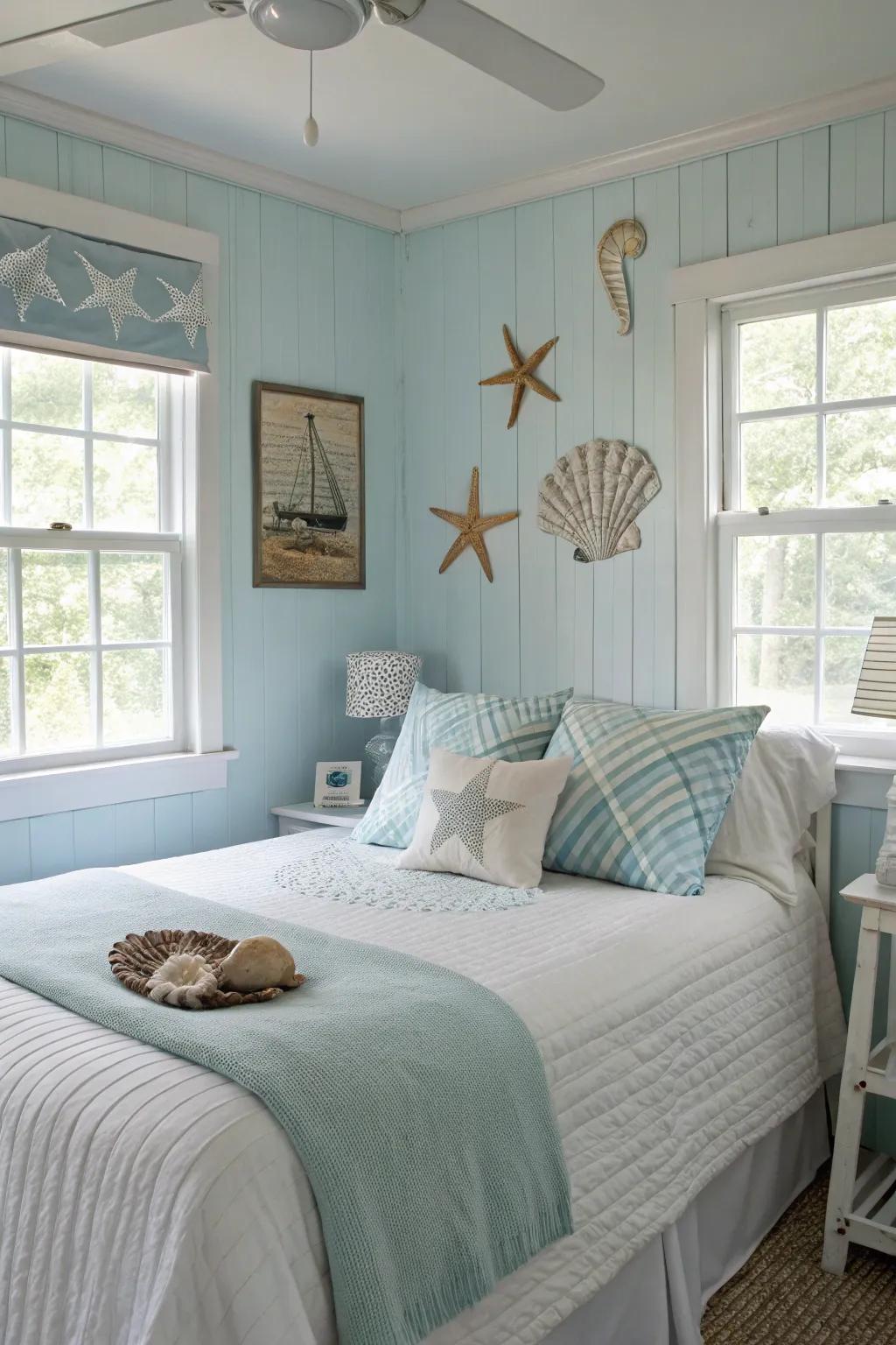 A comforting blend of blues and whites sets a peaceful coastal mood.