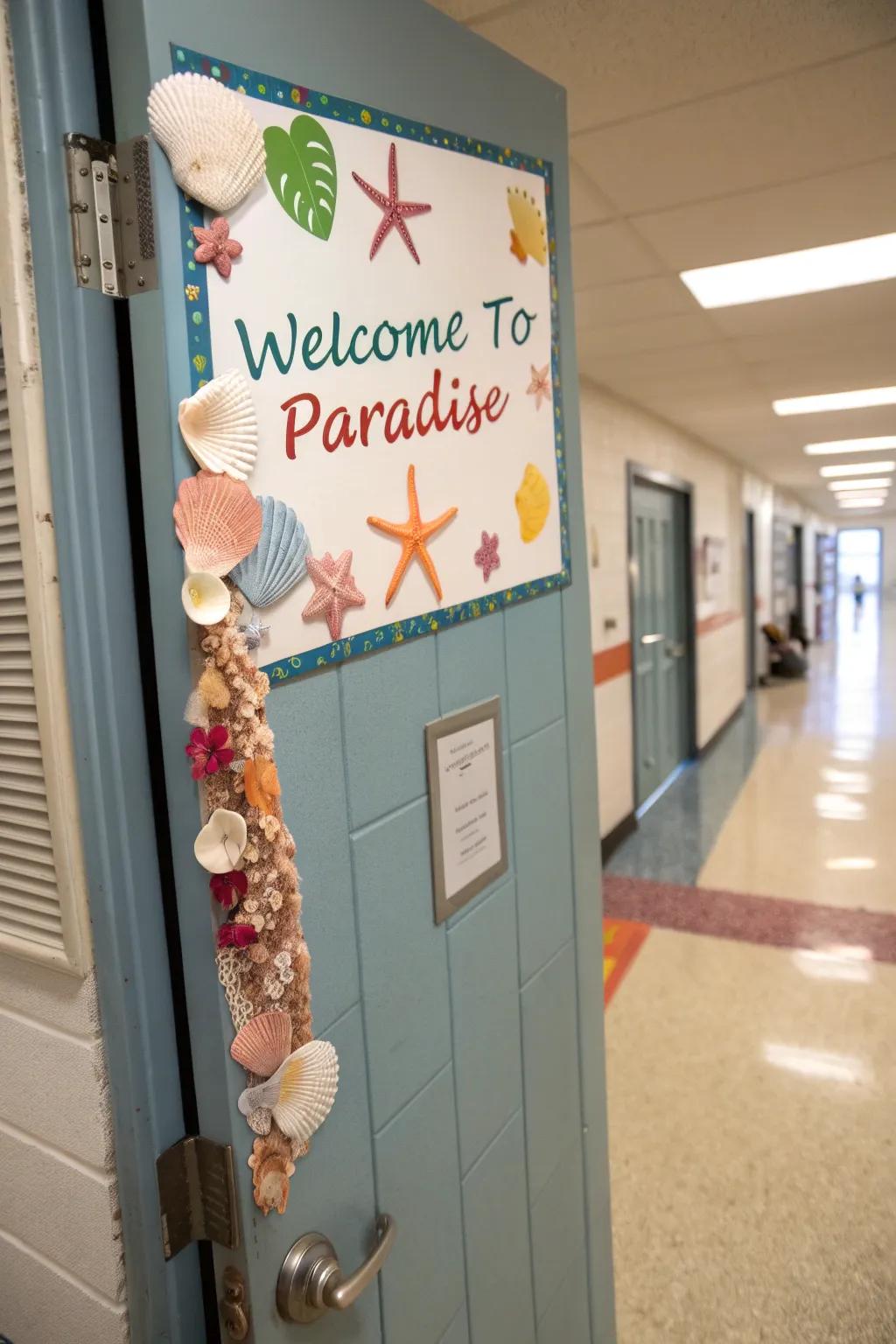 Classroom doorway inviting students with a 'Welcome to Paradise' greeting and seaside motifs.