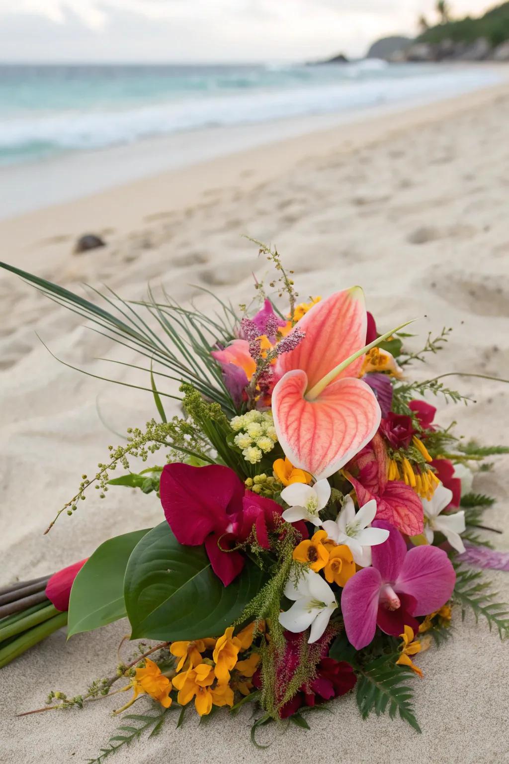 A tropical symphony of flowers, the ultimate beach wedding statement.
