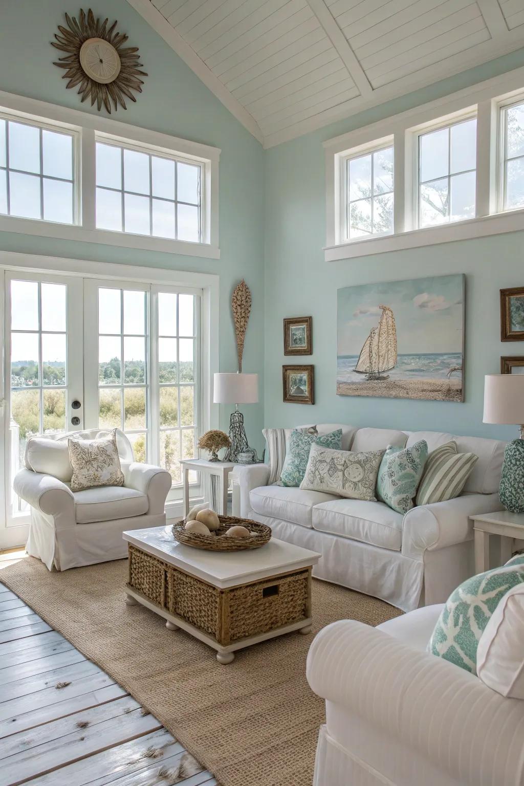 A soft blue and white palette evokes a calming coastal atmosphere.