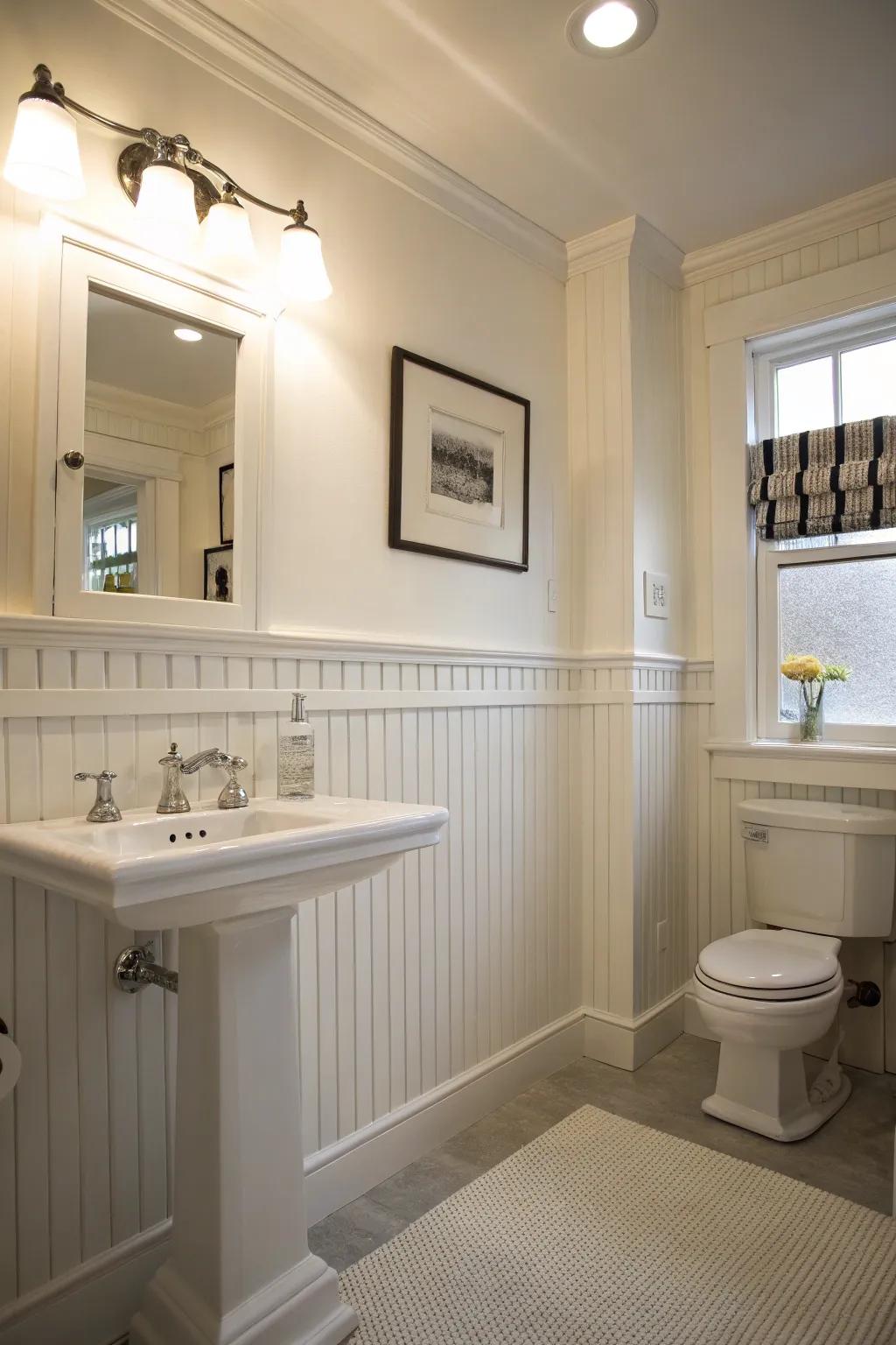 Timeless white beadboard enhances any washroom design.