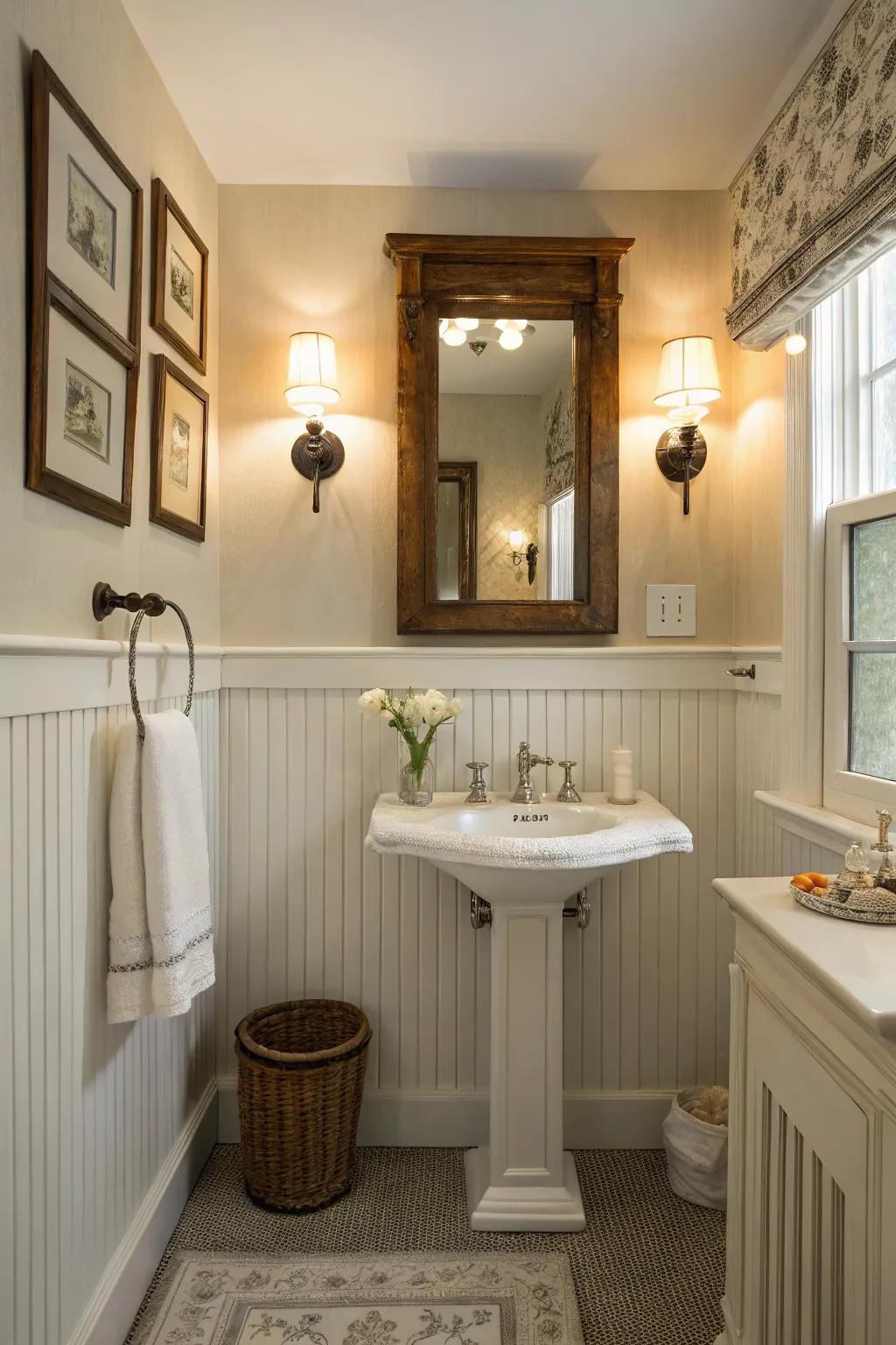 A charming bathroom featuring <strong>beadboard</strong> half-walls and a vintage mirror.” loading=”lazy” class=”pimg”>
	</picture><figcaption>A charming bathroom featuring <strong>beadboard</strong> half-walls and a vintage mirror.</figcaption></figure>
<p>Give your bathroom a makeover by setting up <strong>beadboard</strong> midway up the walls, fashioning a snug and welcoming vibe. I have come to realize that white <strong>beadboard</strong>, matched with an antique mirror, brings in an element of refinement.</p>
<h3>Check if these fit your needs:</h3>
<ul class=