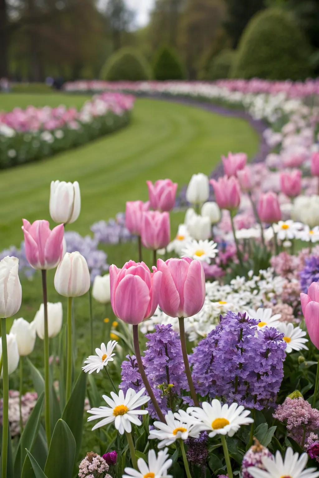 A stunning display of tulips, lilacs, and daisies creates a colorful and inviting garden scene.