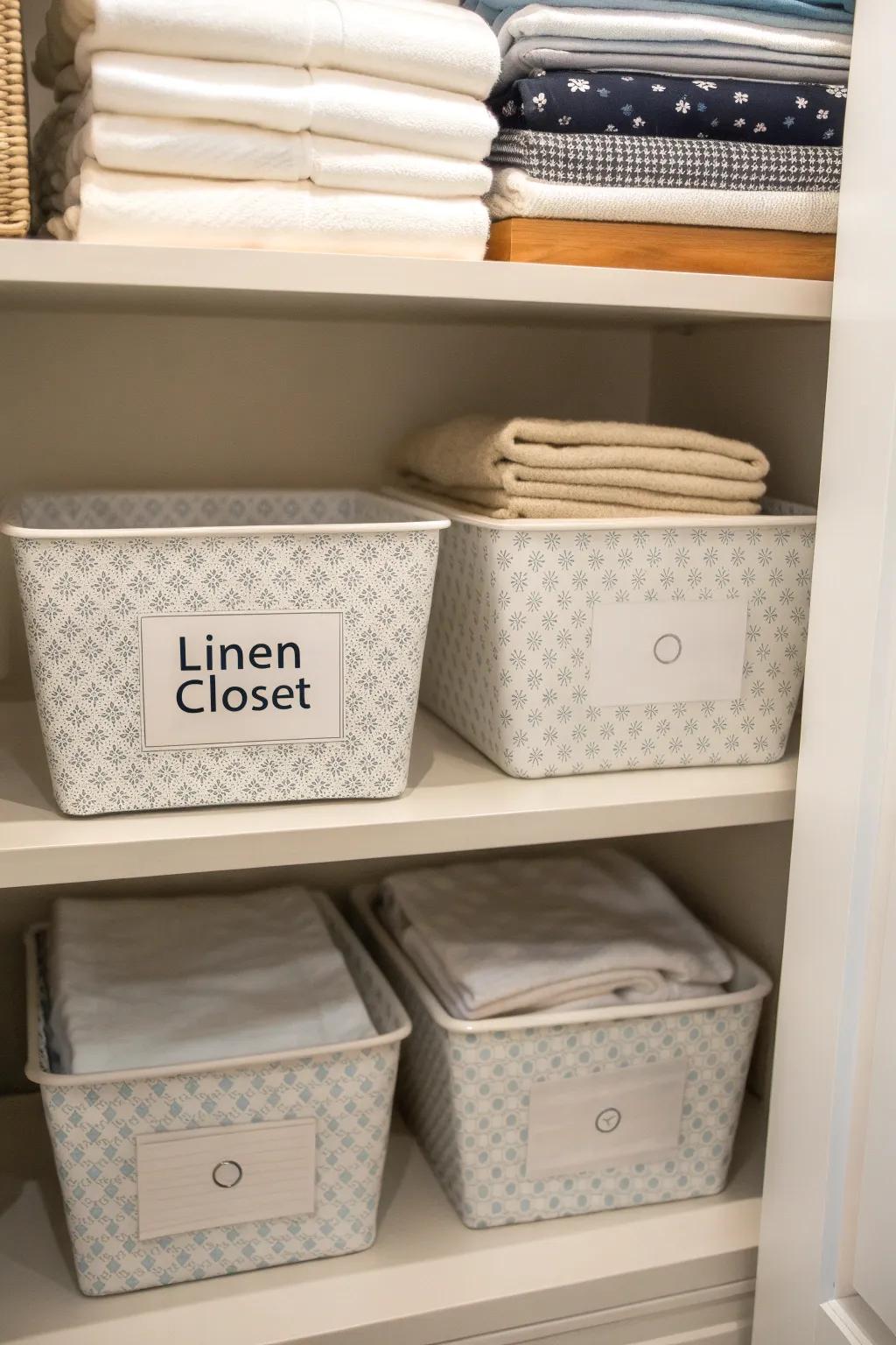 Labeling your storage containers simplifies the task of finding your linens.