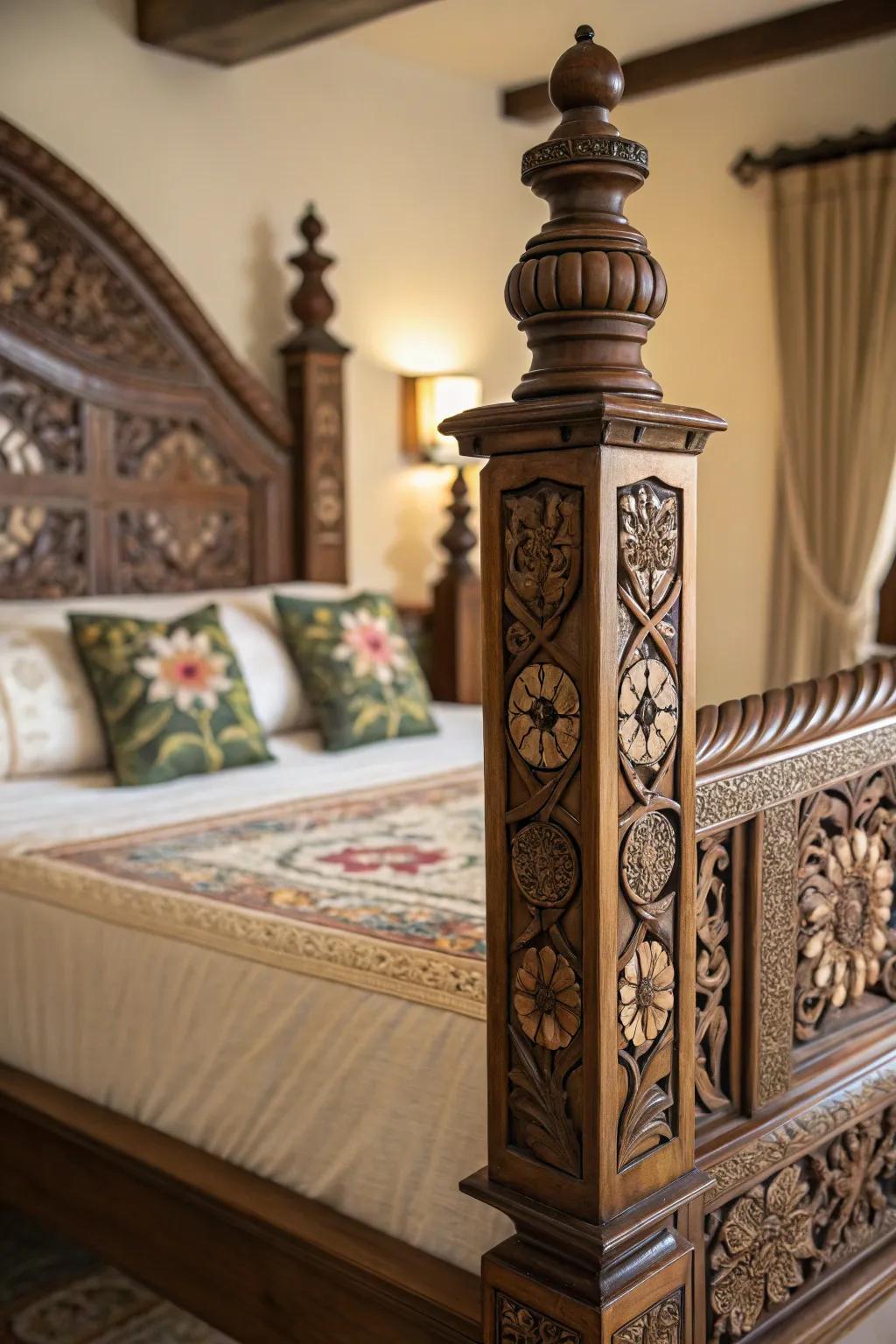 Ornate bedposts bring an enhanced sense of elegance to your bedroom.