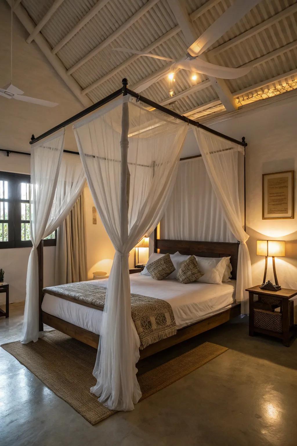 A canopy bed lends sophistication and serves as a secluded escape.