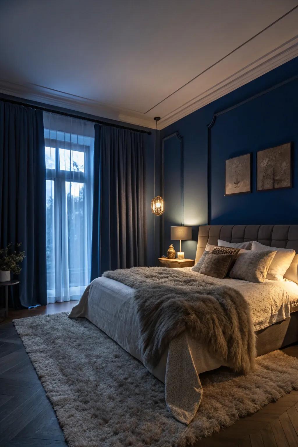 Envelop yourself in the cozy embrace of an evening blue-themed bedroom.