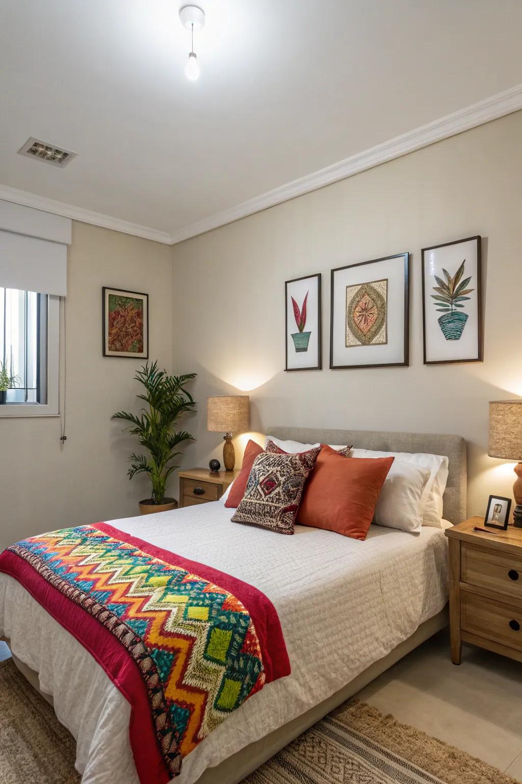 Tranquil shades complemented by lively accents create a harmonious and welcoming atmosphere.