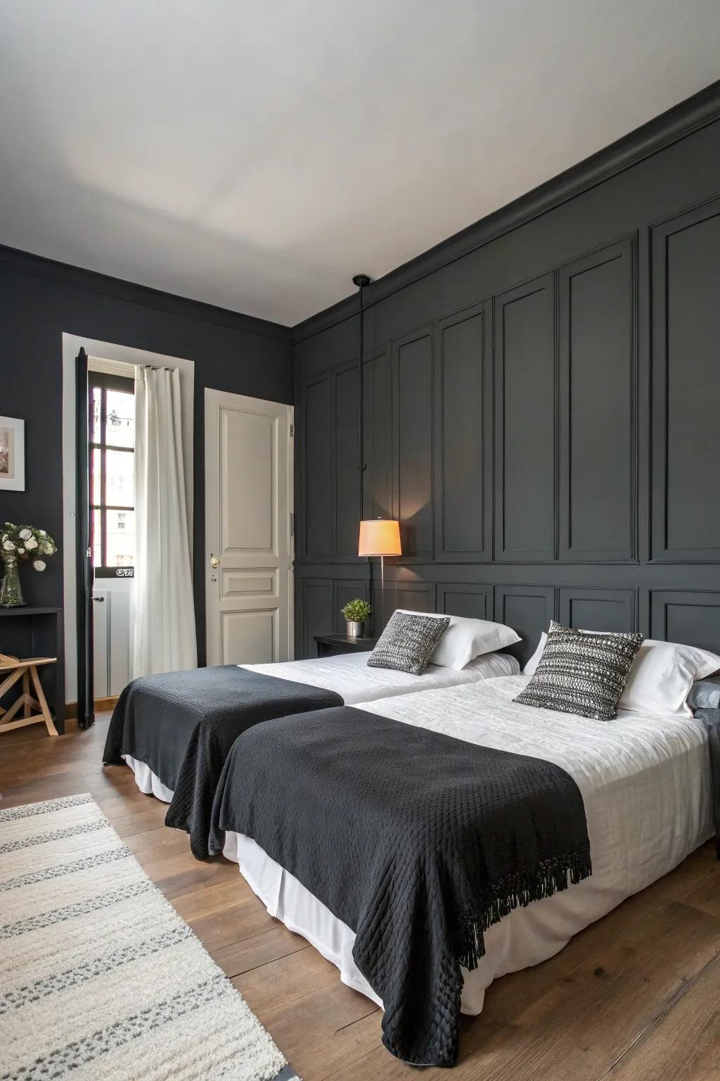 A masculine bedroom showcasing a shadowy gray palette and understated decorations.