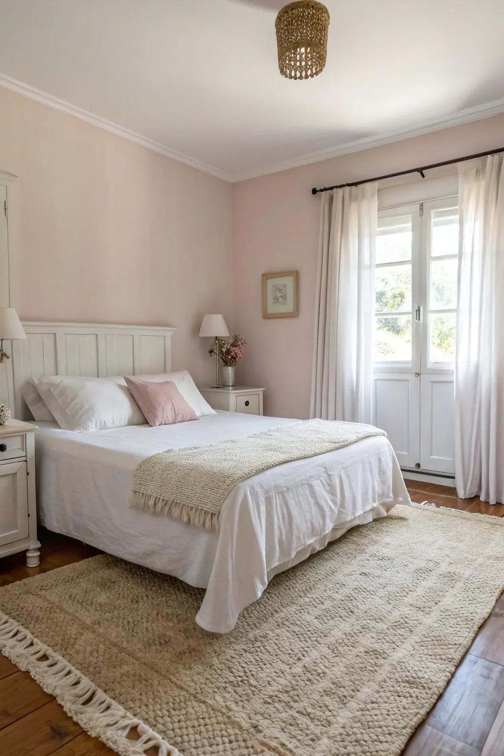 A bedroom showcases gentle pastels and neutral shades, promoting a serene atmosphere.