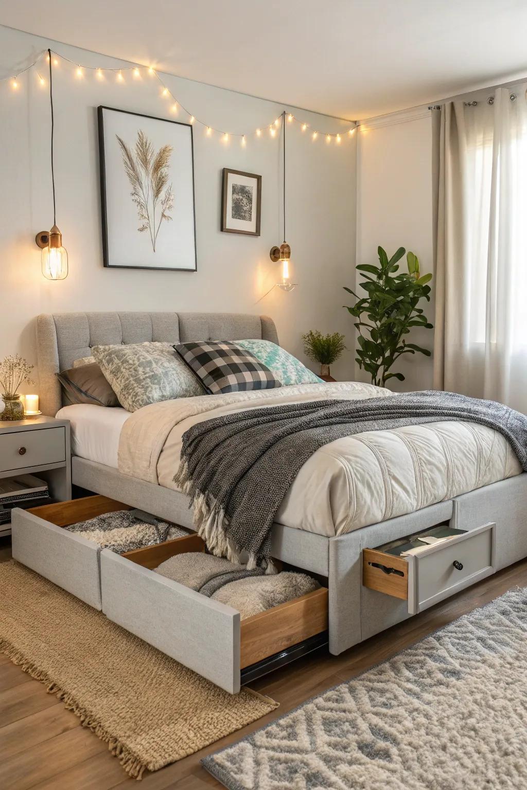 Elevate your design sense with a platform bed providing storage solutions.