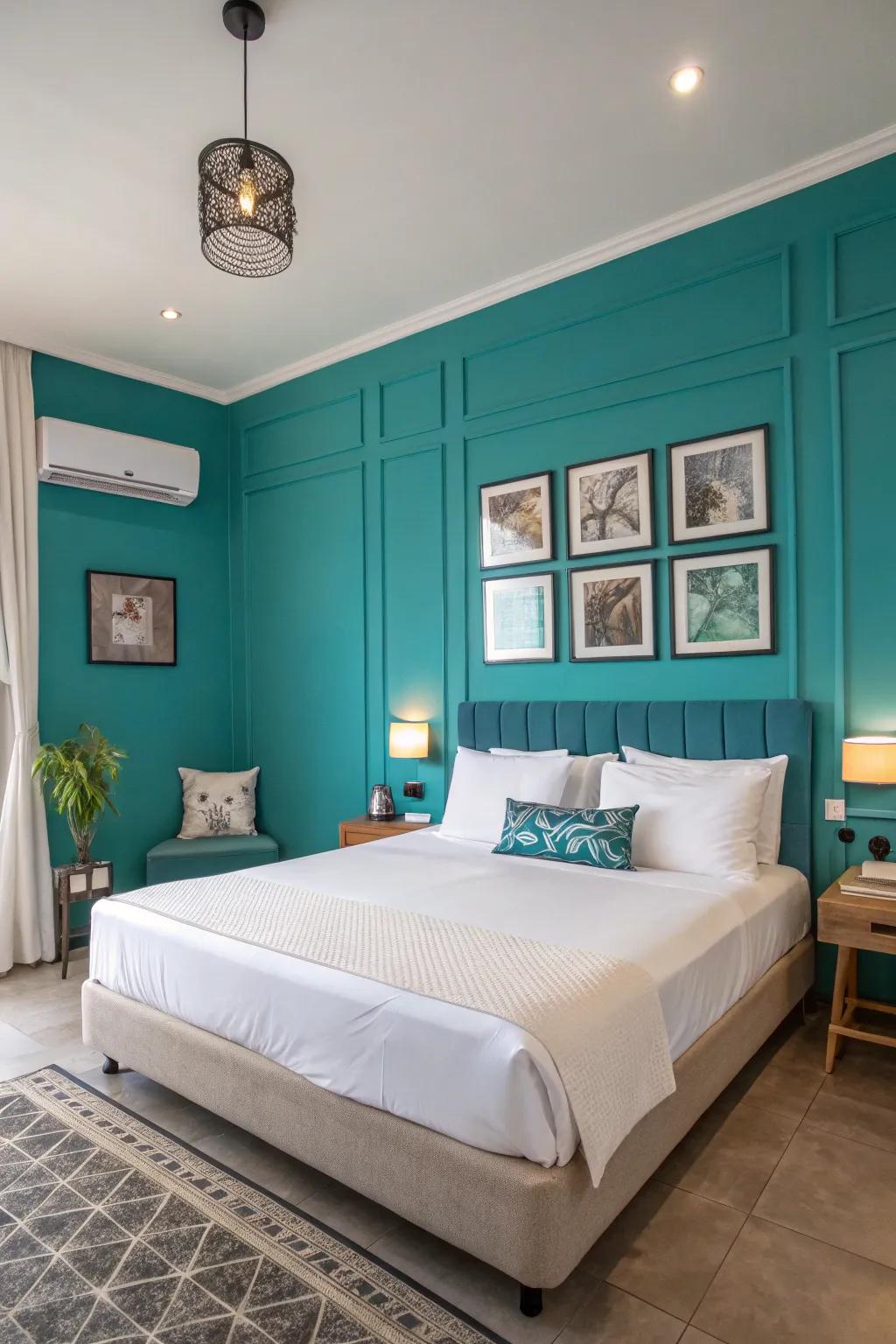 A bedroom boasting a mesmerizing emerald statement wall as its focal point.