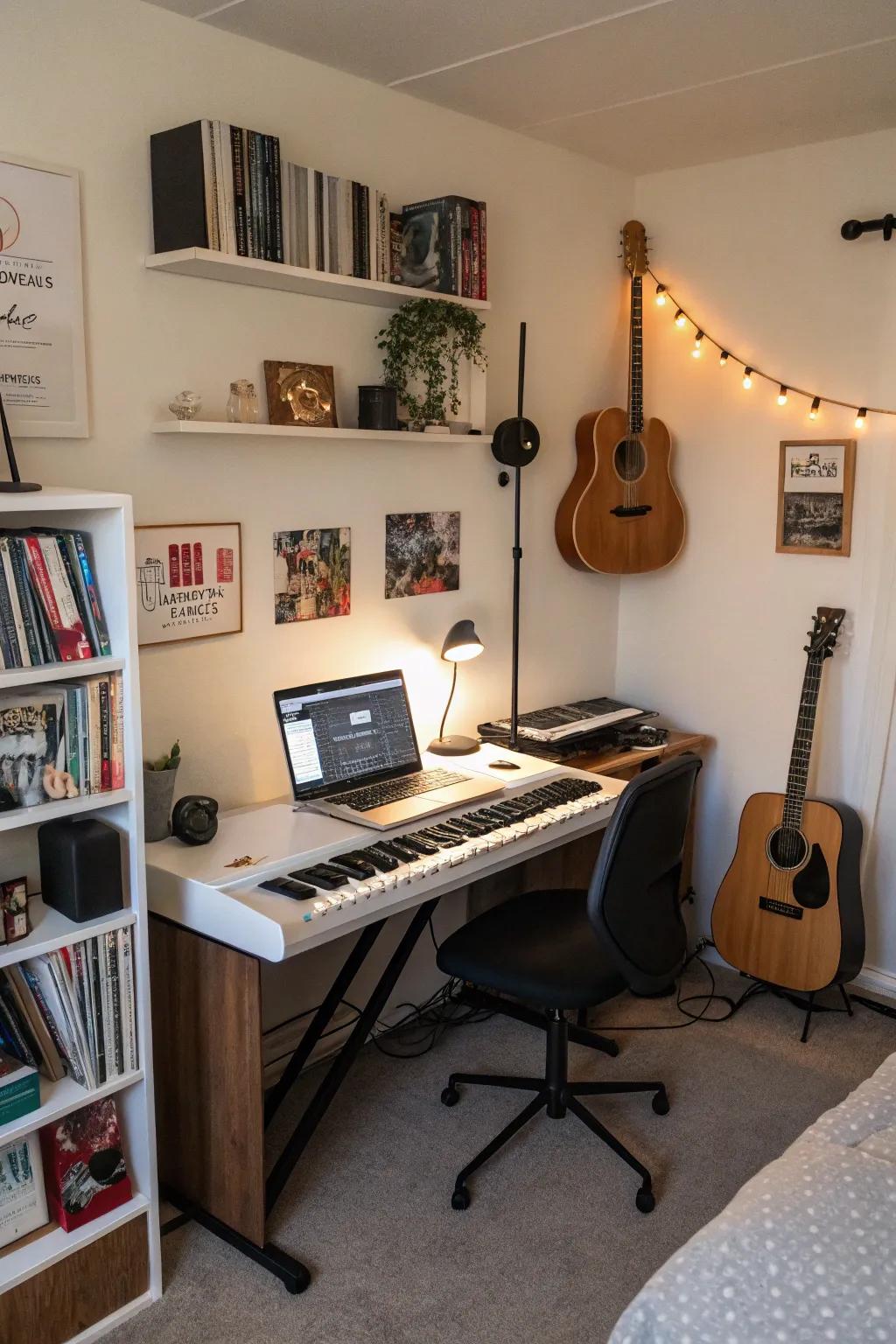 Effective use of a bedroom corner to establish a small yet highly functional music studio setting.