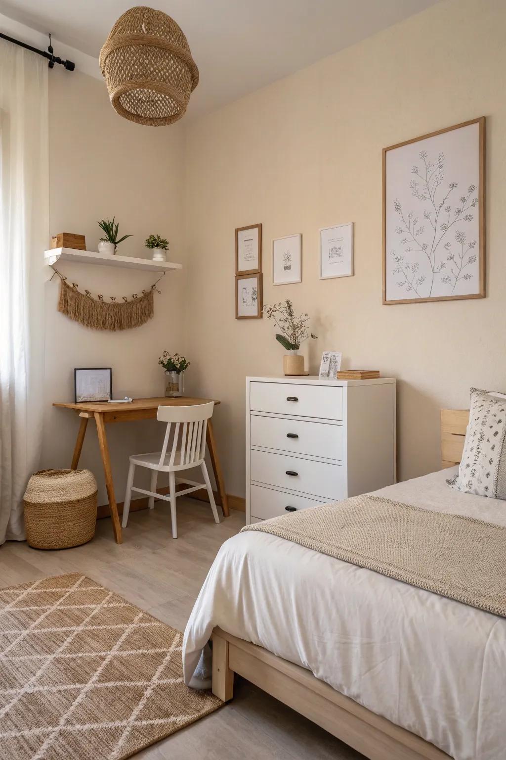 A minimalist bedroom exuding a serene and orderly design.