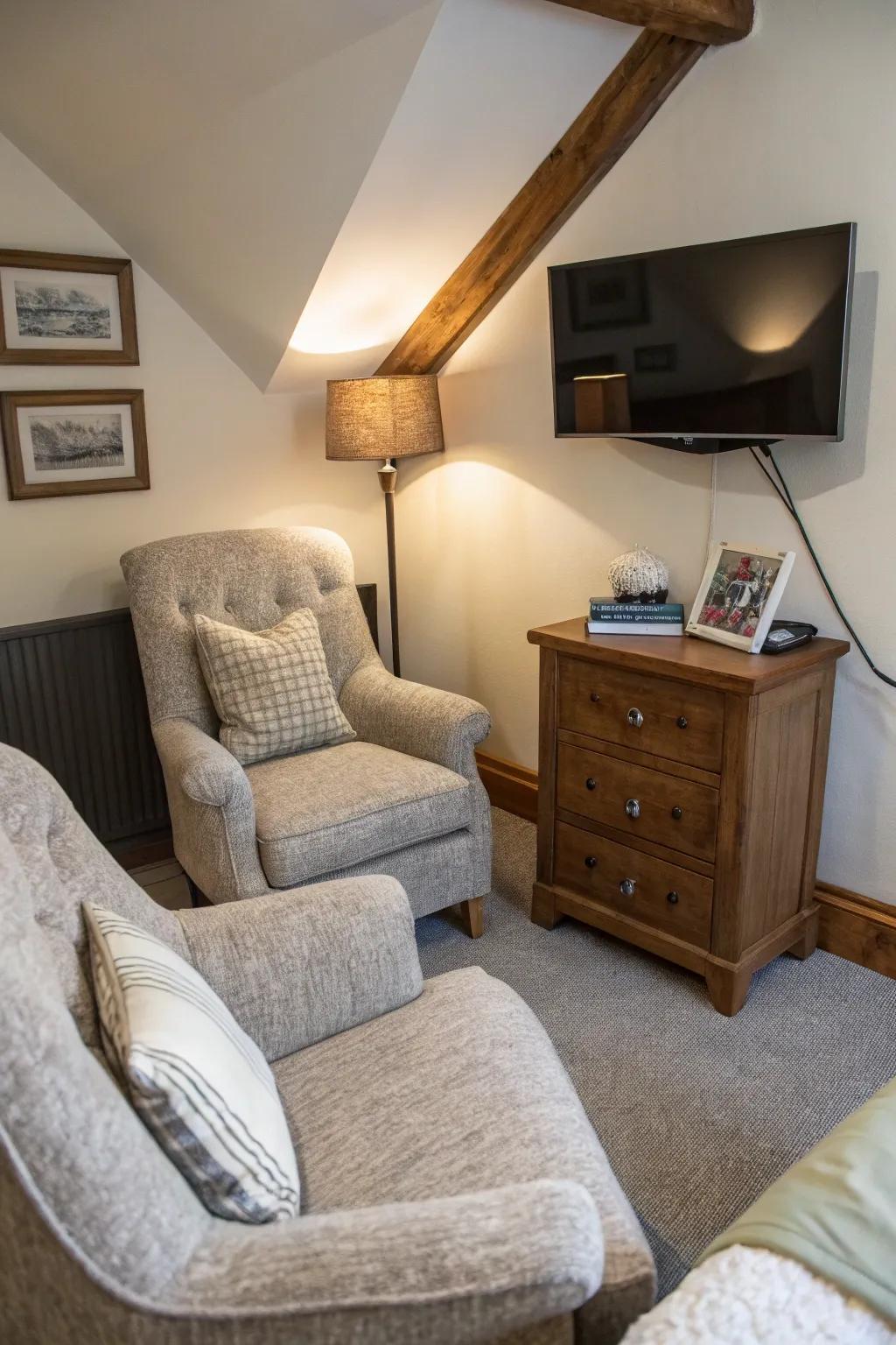 Craft a welcoming corner using comfortable armchairs, perfect for intimate TV viewing.
