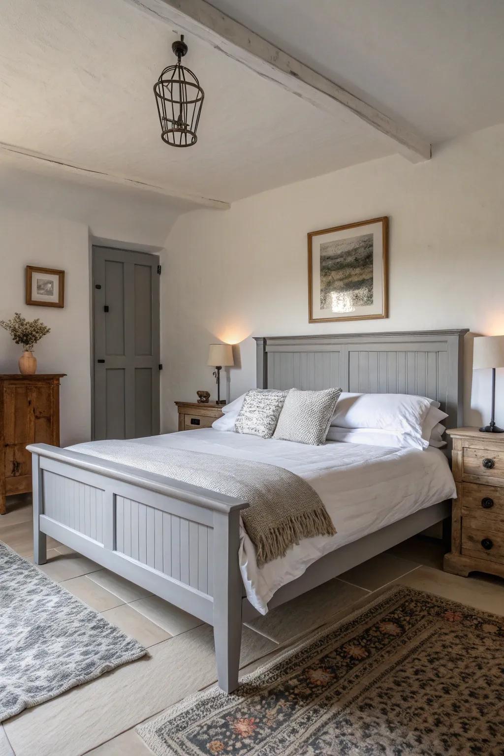 An elegant grey bedstead paired with crisp ivory bedding.