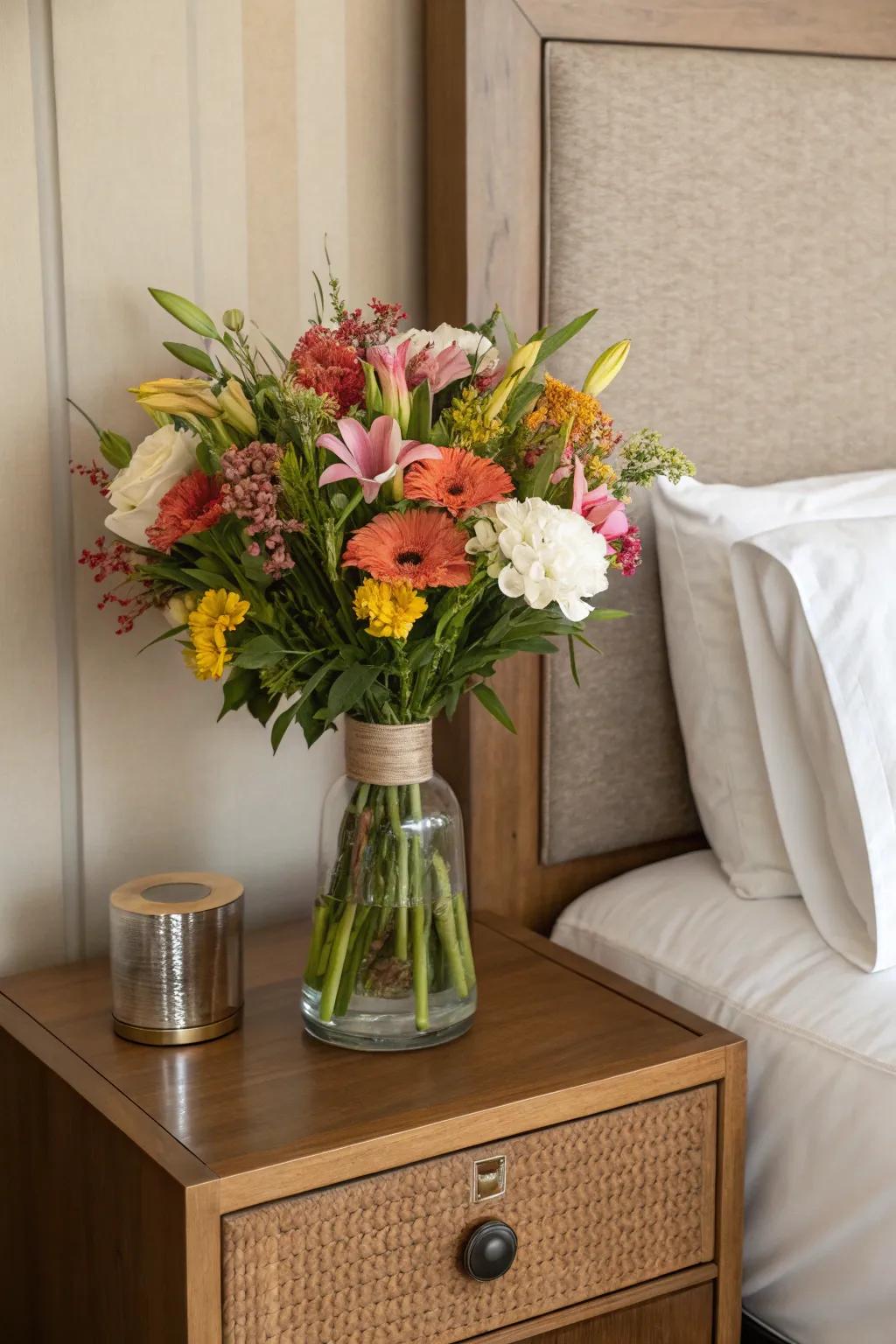 A lively blossom holder of flowers breathes life into a neutral bedside arrangement.