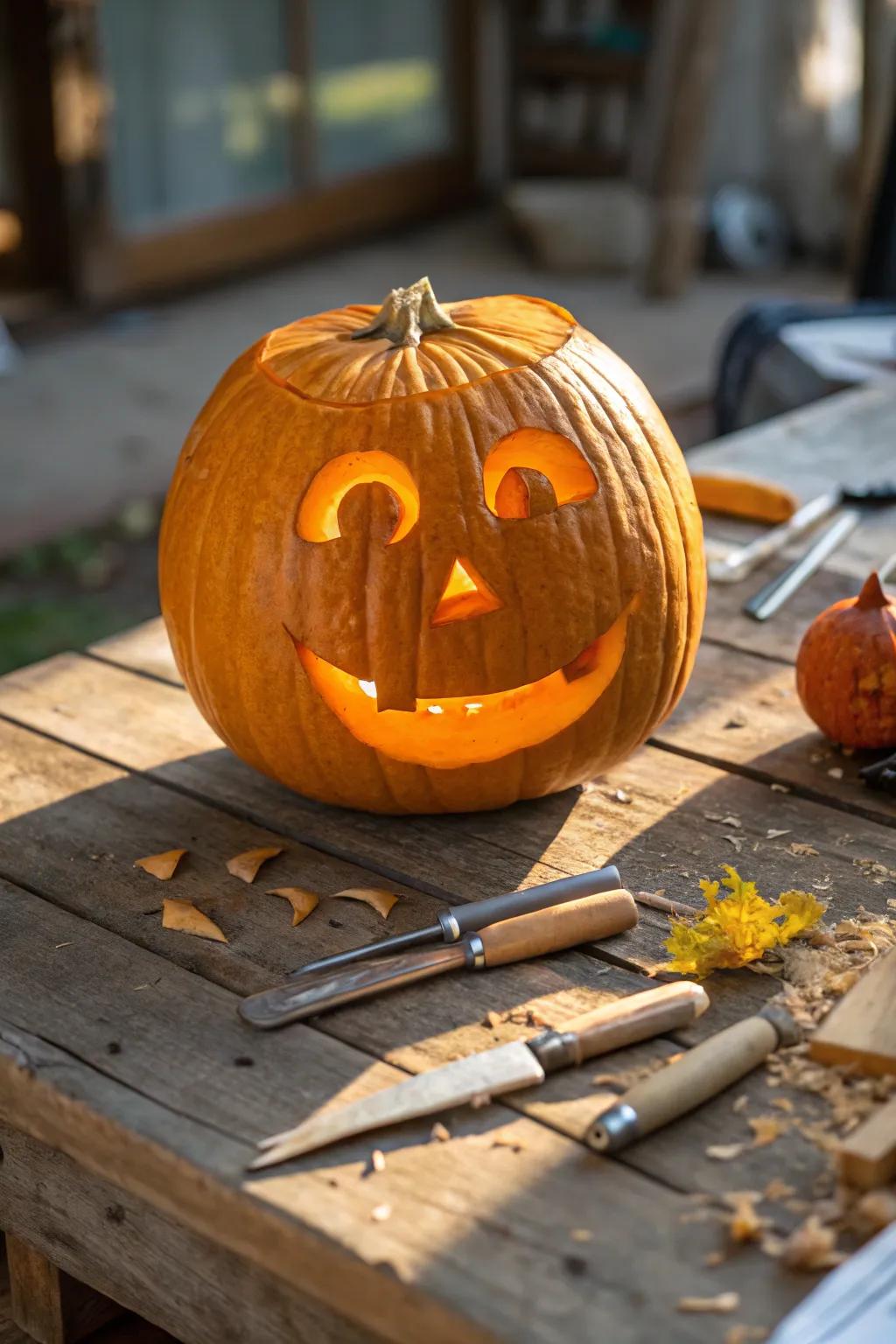 Embrace the ease of Halloween with a traditional smiley face pumpkin carving. Great for novices!