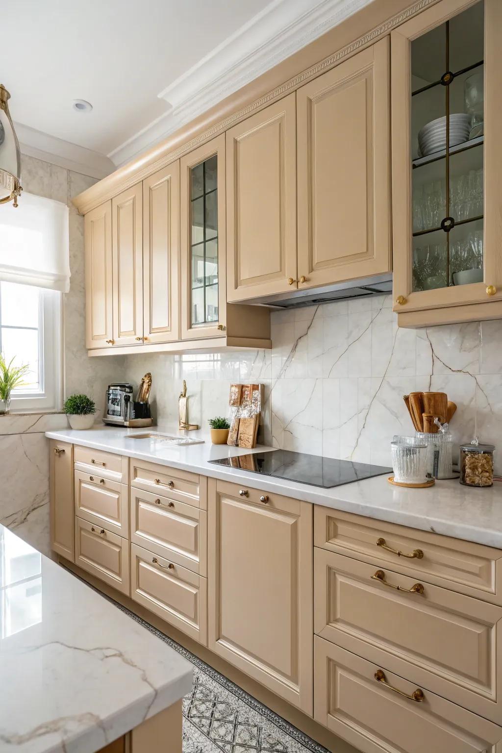 Toasty linen cabinets complement the chalky marble worktops impeccably.