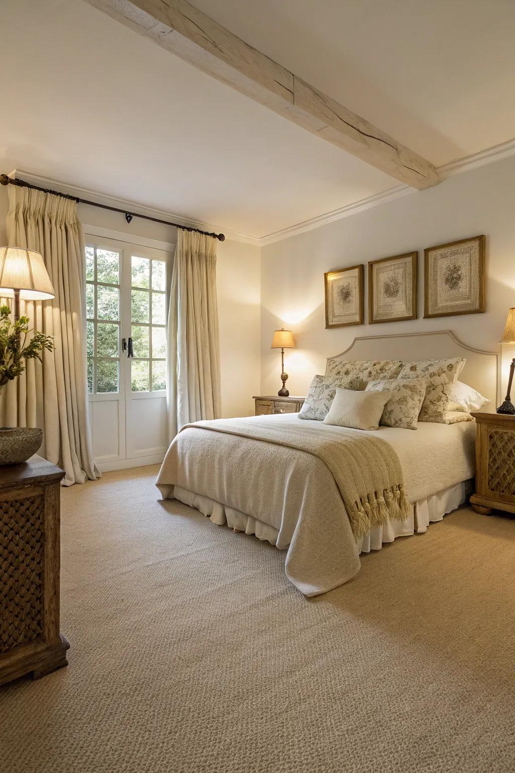 A serene bedroom showcasing a harmonious neutral spectrum, emphasizing the refinement of a beige carpet.