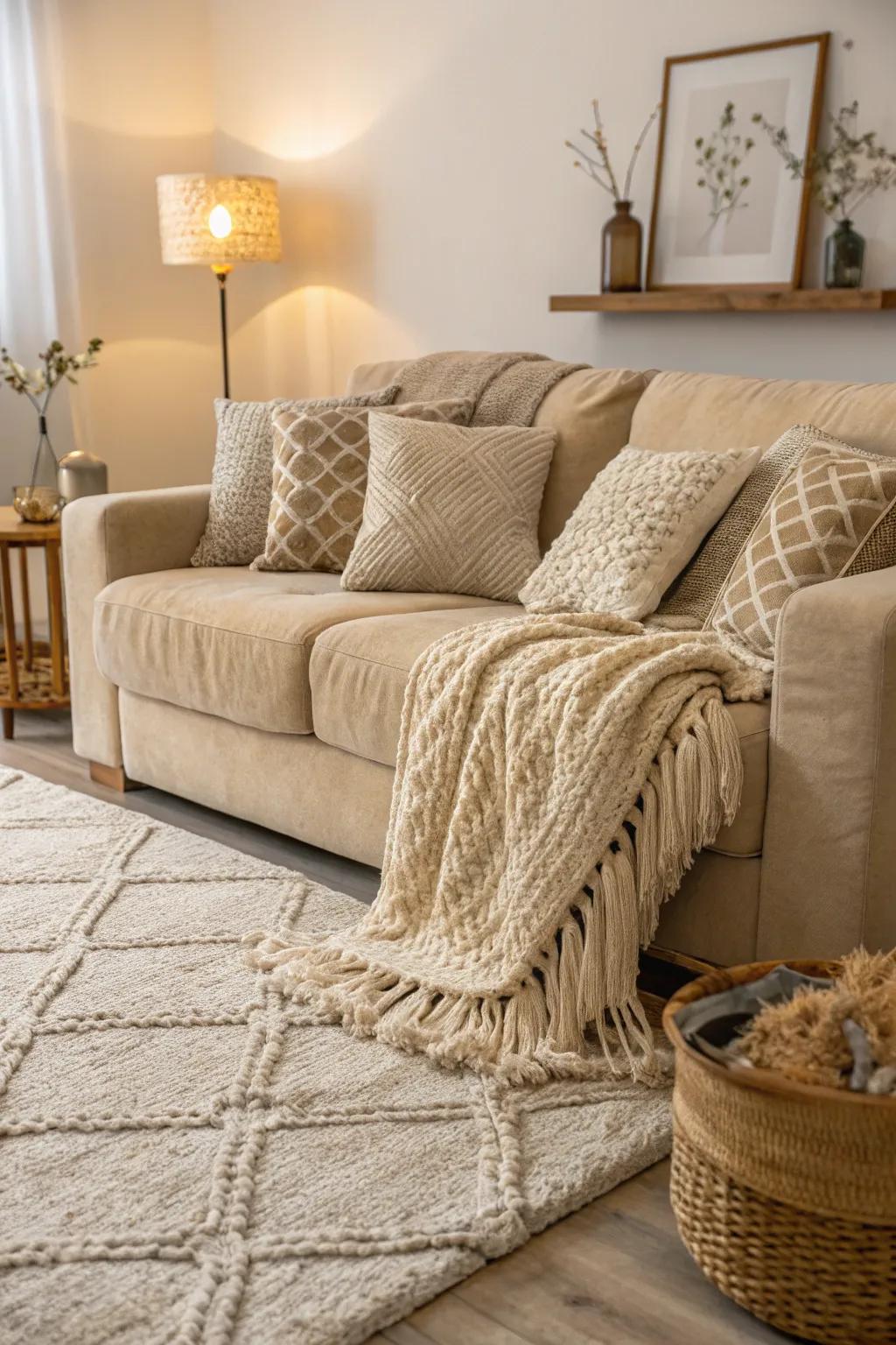 The feel of varied materials breathes life into a beige living space.