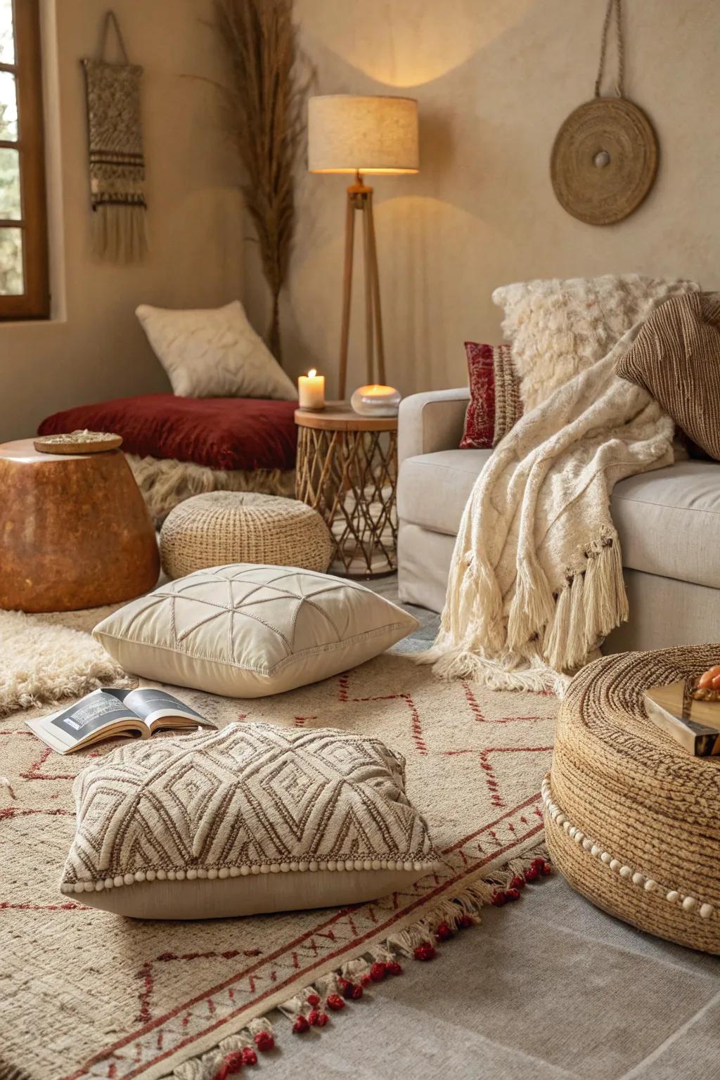 Layered textures bring a sense of warmth and depth to this beige living space.