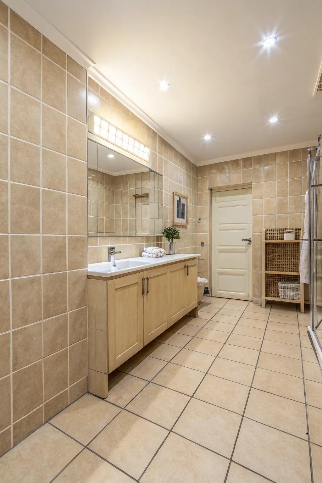 Construct a flawless haven with an all-encompassing latte tile scheme.