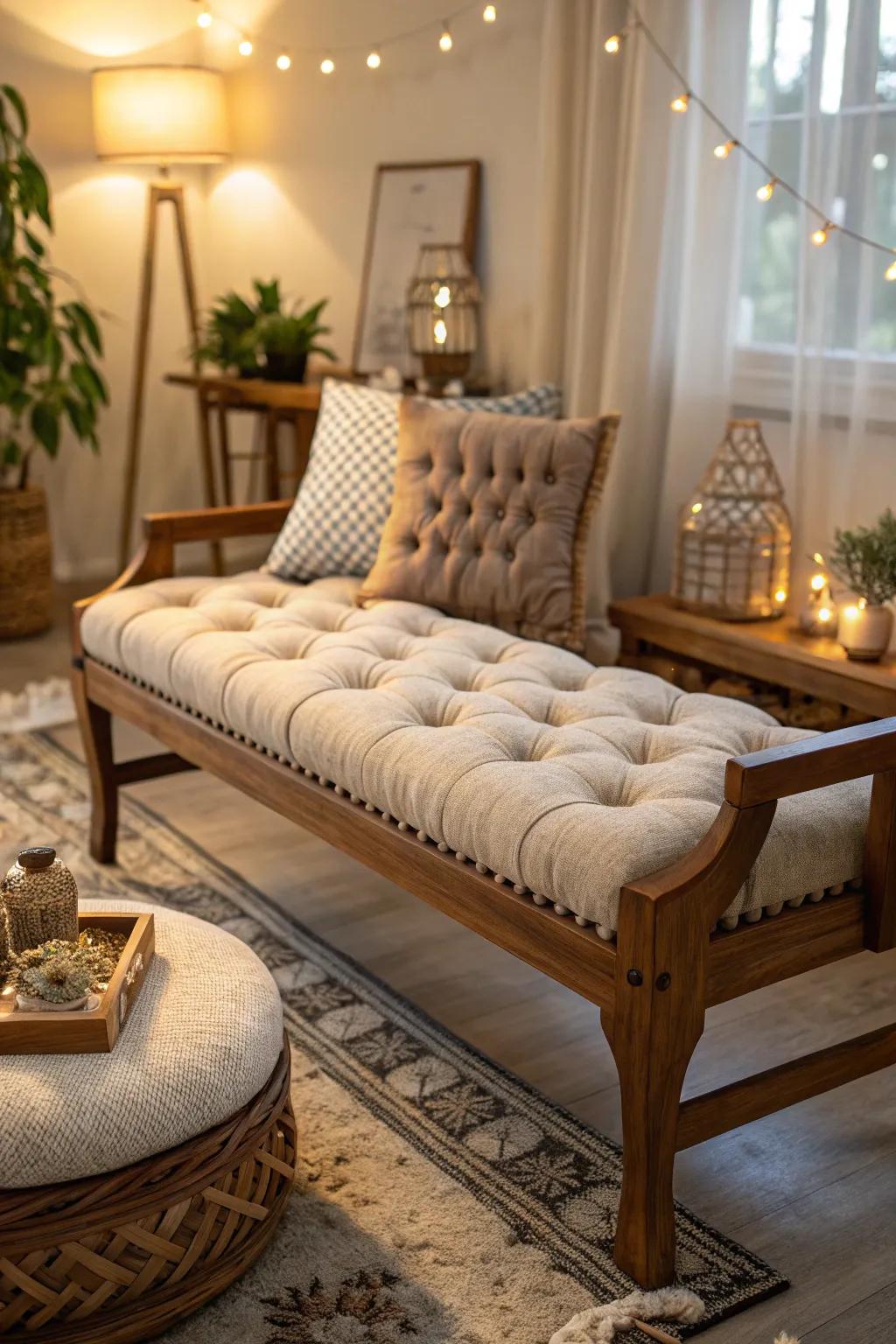 A tufted cushion adds enduring elegance to any bench.