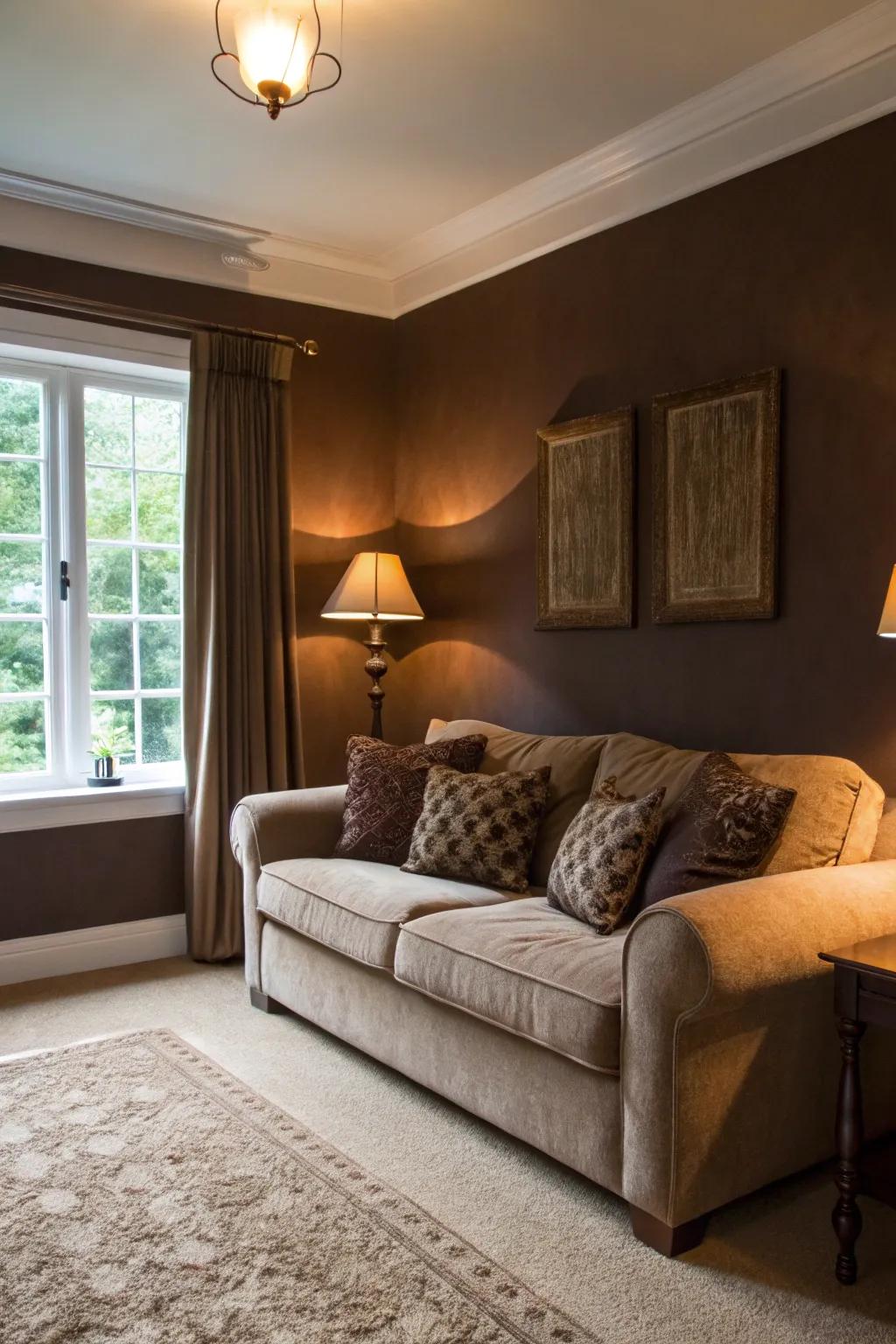 A welcoming living room enveloped in cocoa brown coziness.