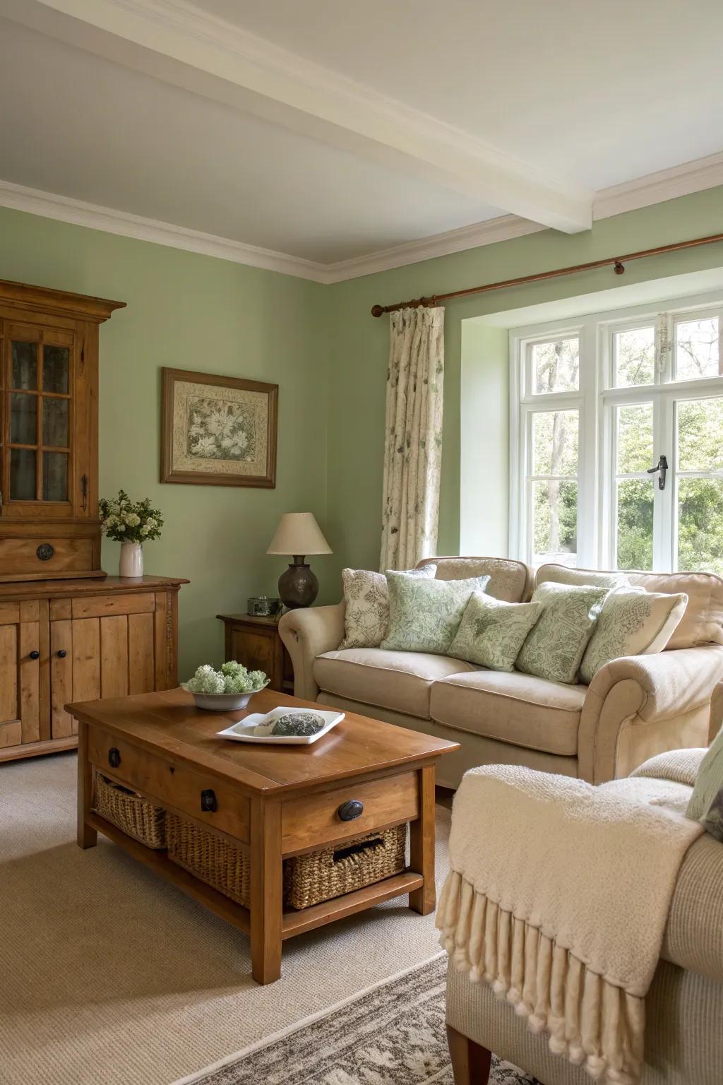 Fern green walls fashion a peaceful and welcoming living area.