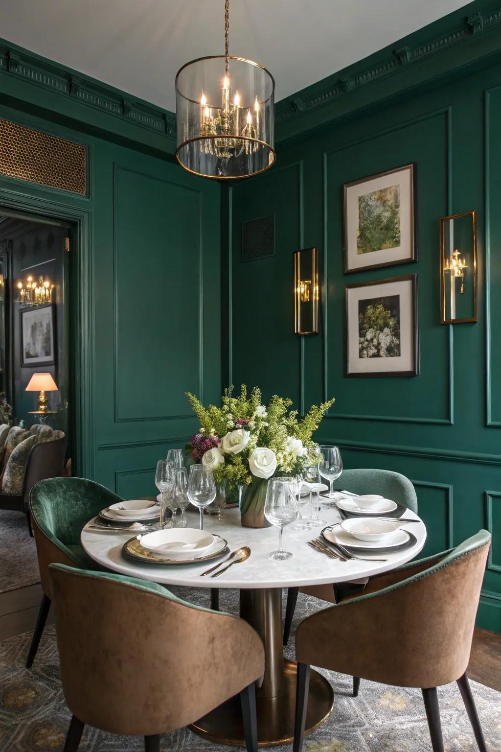 Gemstone tones fashion an opulent and welcoming dining area.