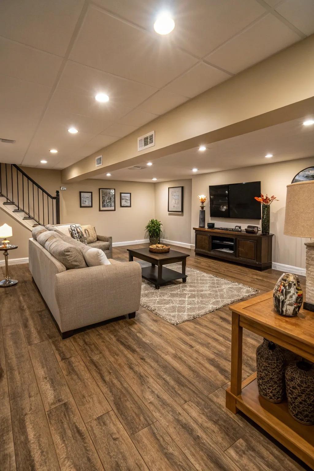 Premium vinyl strips deliver both visual allure and durability for basement floors.