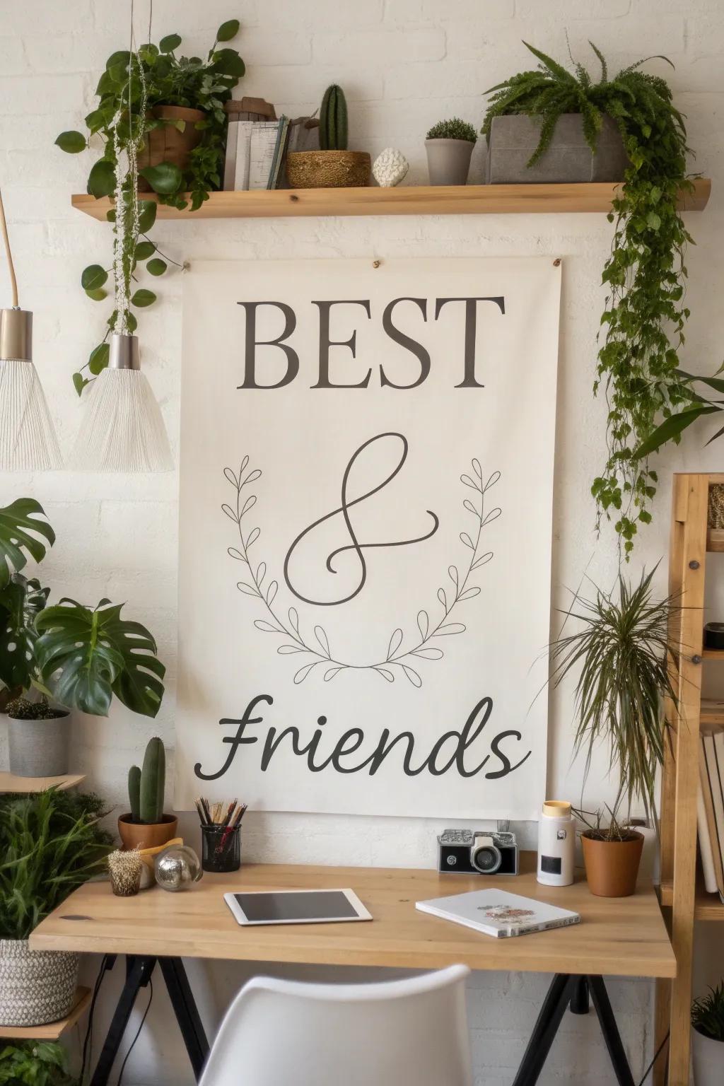A customized poster showcasing interwoven names in a sophisticated home office.