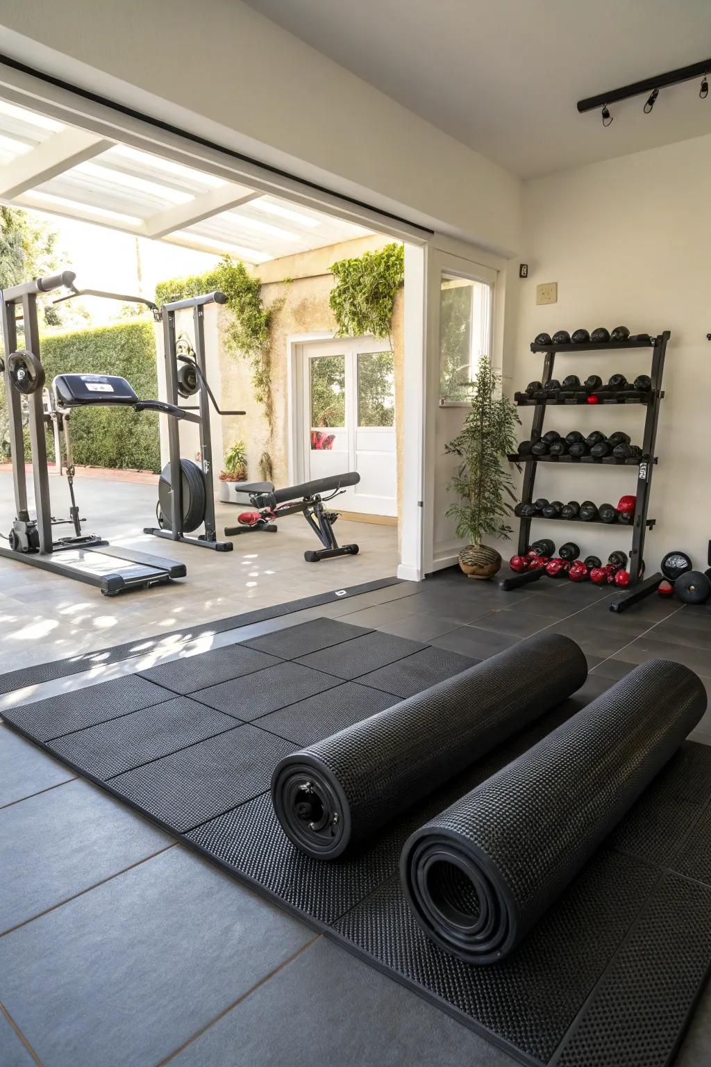 Resilient material sheets present sturdiness and an elegant feel for your personal fitness area.