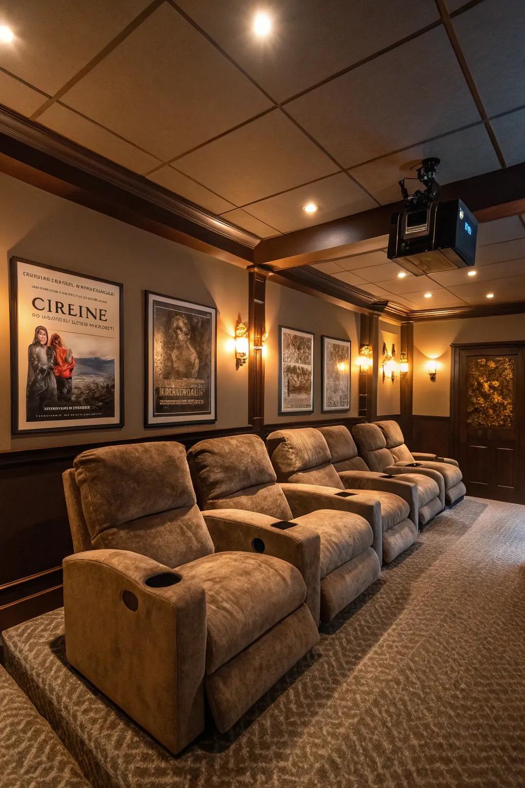 Reclining seats provide exceptional relaxation in a cozy home theater setting.