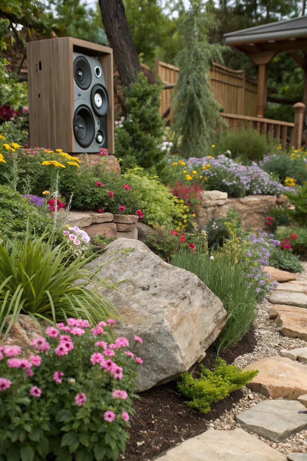Speakers made to look like rocks blend effortlessly into garden scenes.