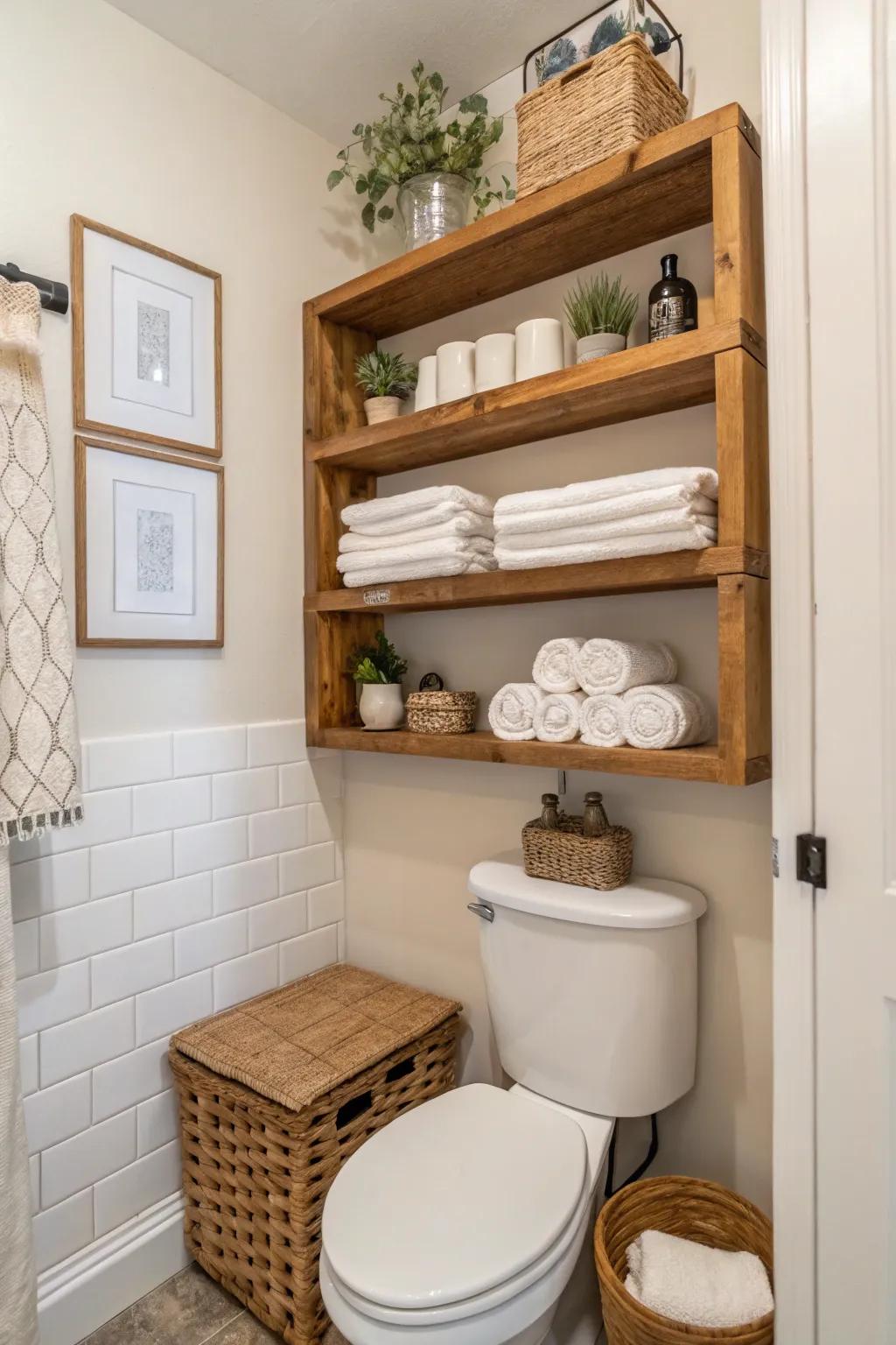 Open shelving ensures easy access to essentials and adds a hint of coziness.