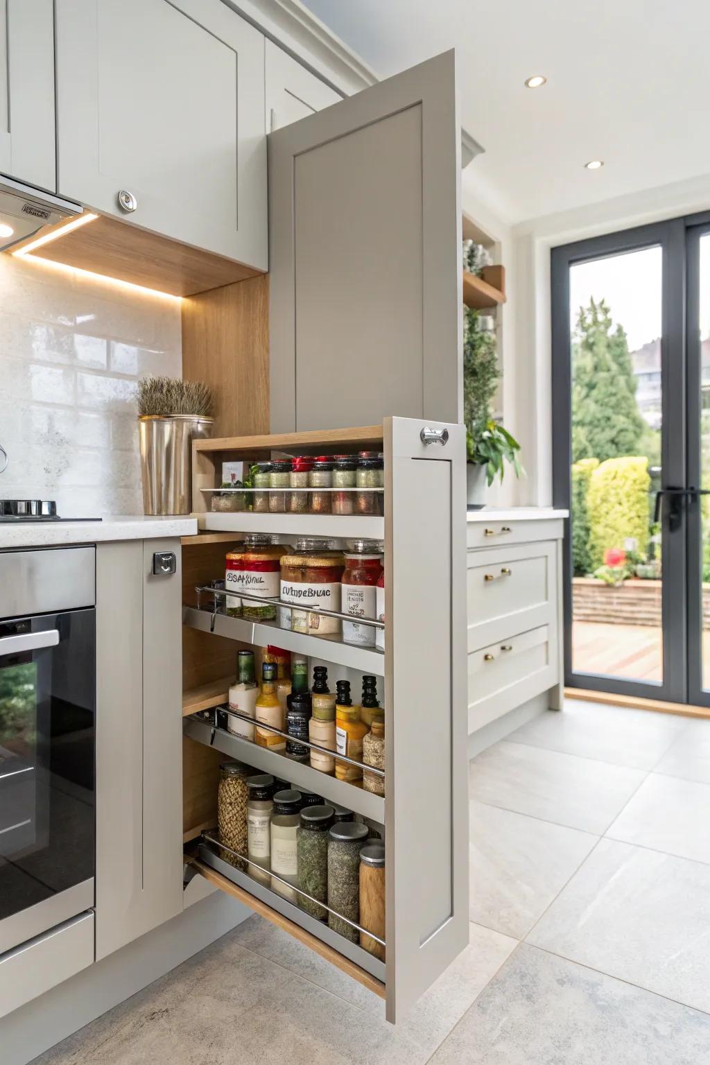 Door-mounted spice racks are a great way to use space.