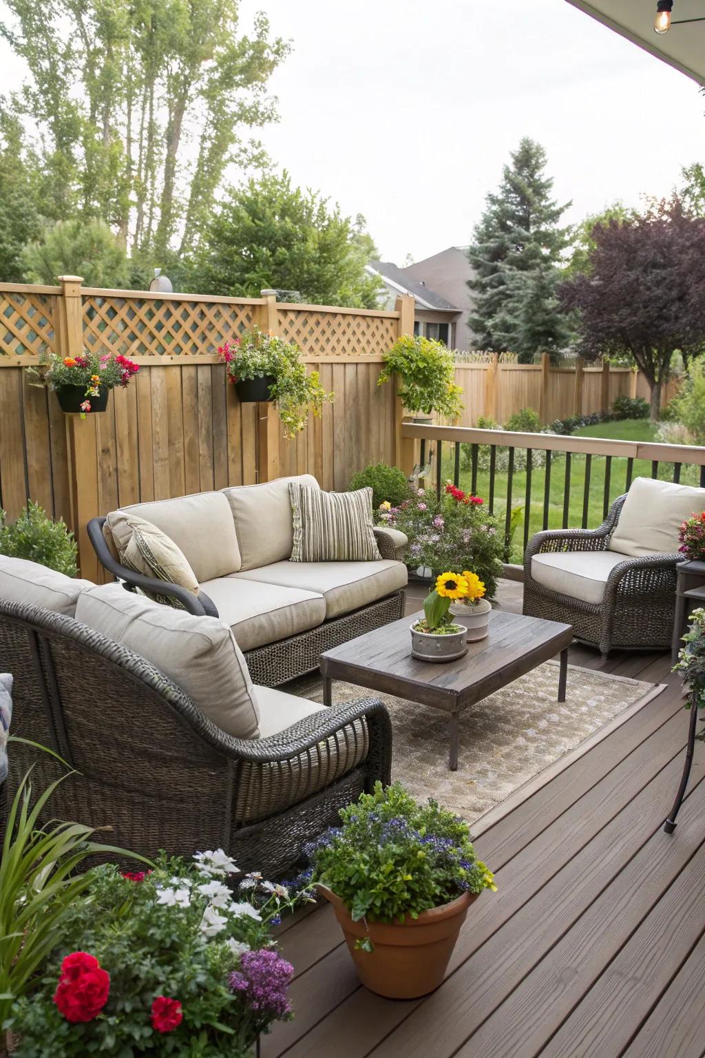A welcoming deck featuring comfortable seating and vibrant plants for the ultimate relaxation experience.